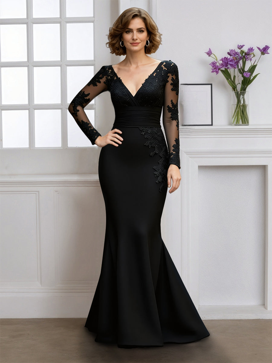 Cicinia Robe pour Mère de la Mariée Noir Longue en Tissu Extensible Sirène Décolleté en V