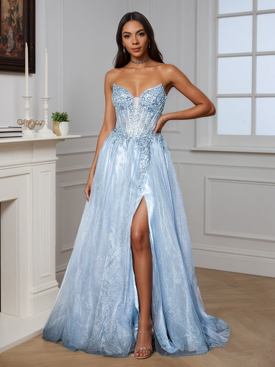 Cicinia Bleu Ciel Robe de Soirée Longue en Tulle Scintillant A-Line Sans Bretelles