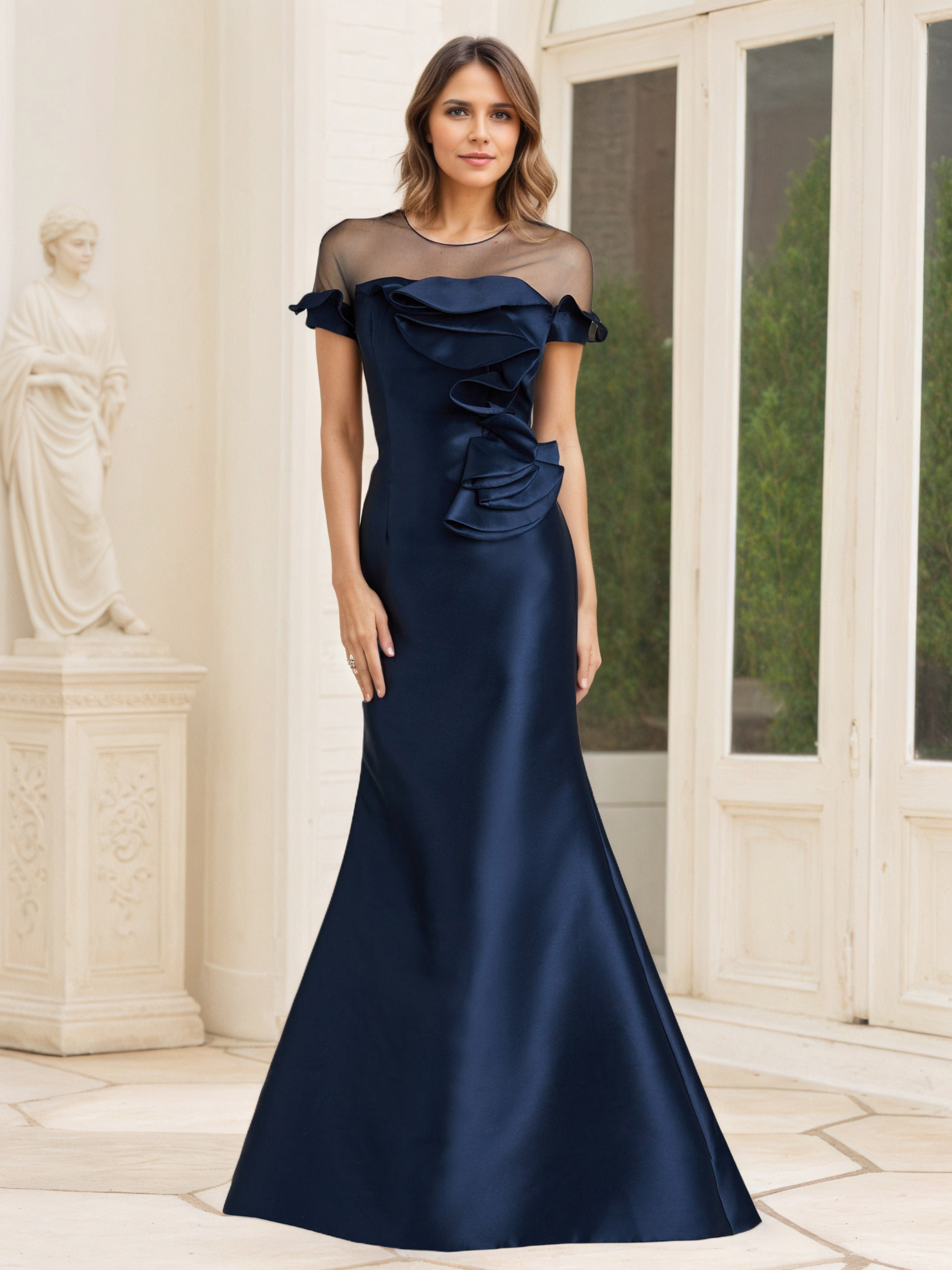 Robe Mère de la Mariée Bleu Marine Encolure Transparente et Manches Courtes
