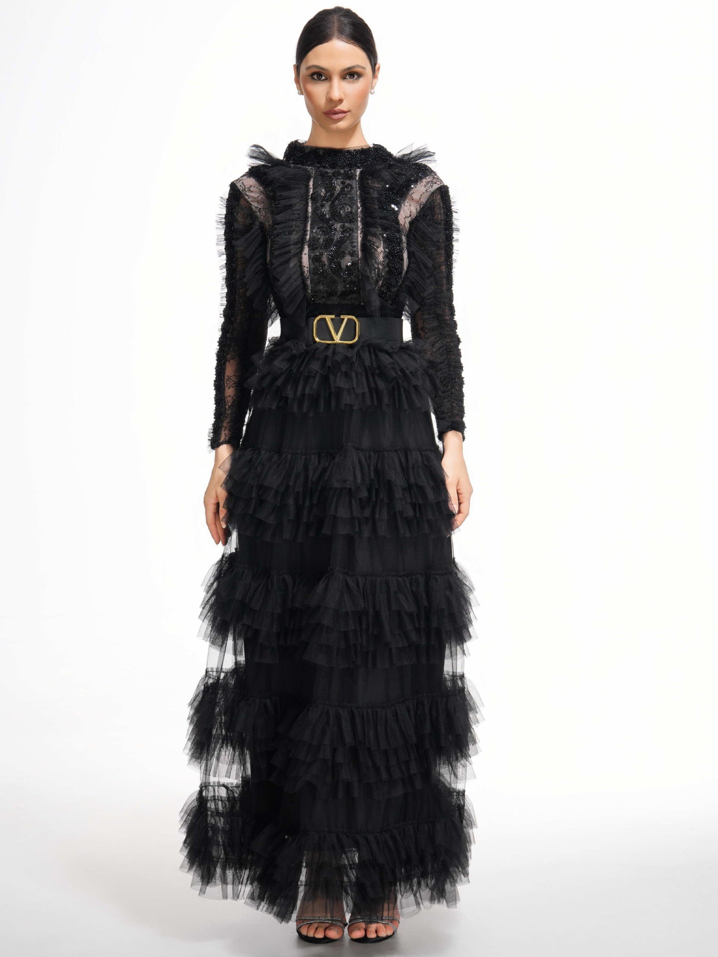 Robe Longue Trapèze Col Montant Manches Longues Robe de Soirée en Noir