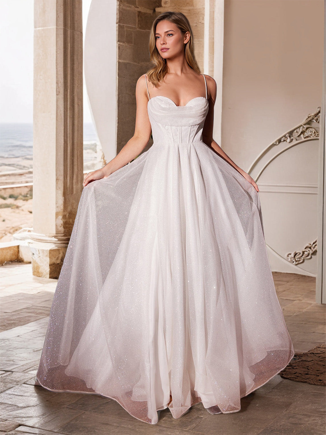 Bretelle Spaghetti Sans Manche Tulle Robe de Mariage Longueur Ras du Sol
