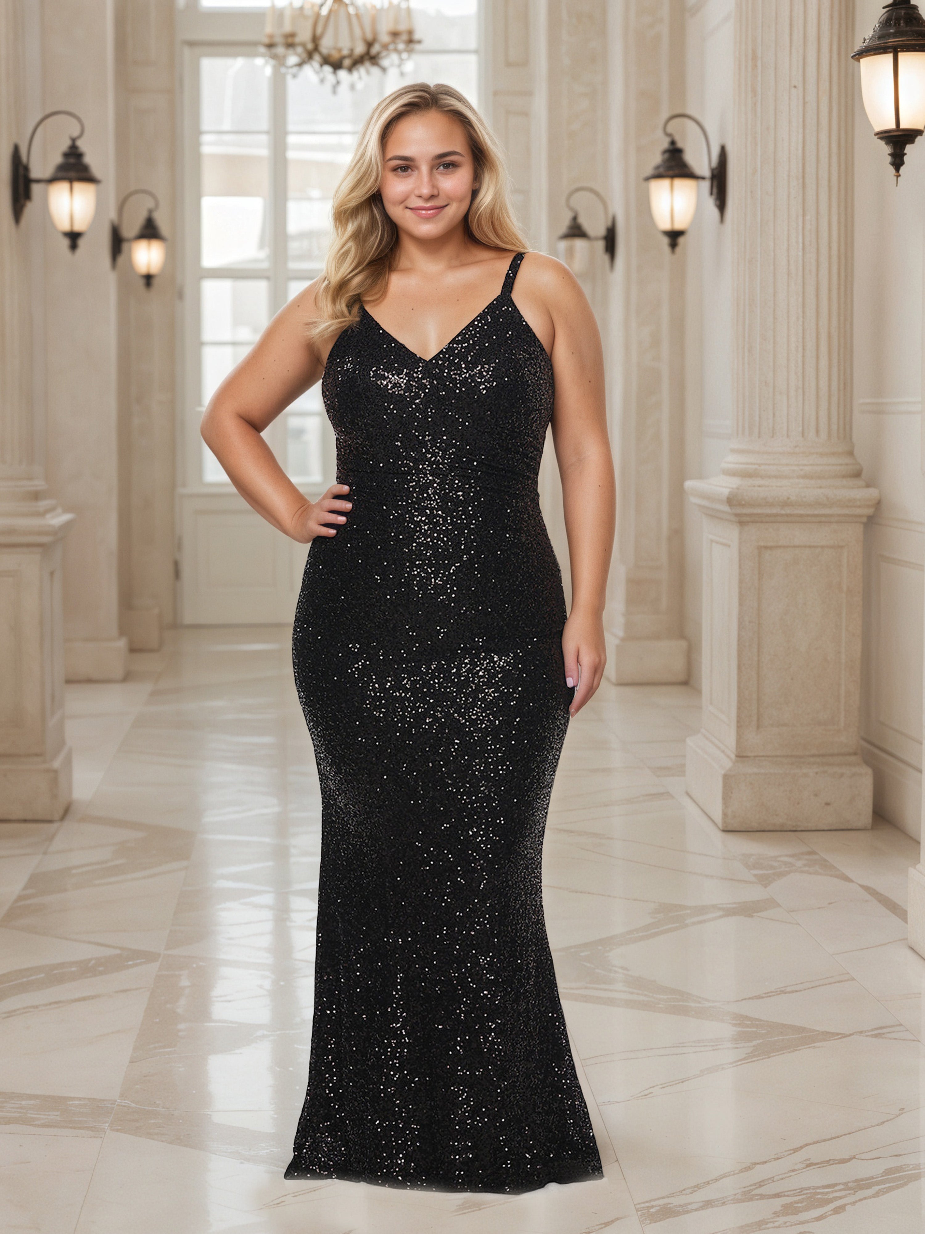 Robe de Bal Noire à Paillettes à Encolure V et Bretelles Spaghetti Grande Taille Coupe Sheath