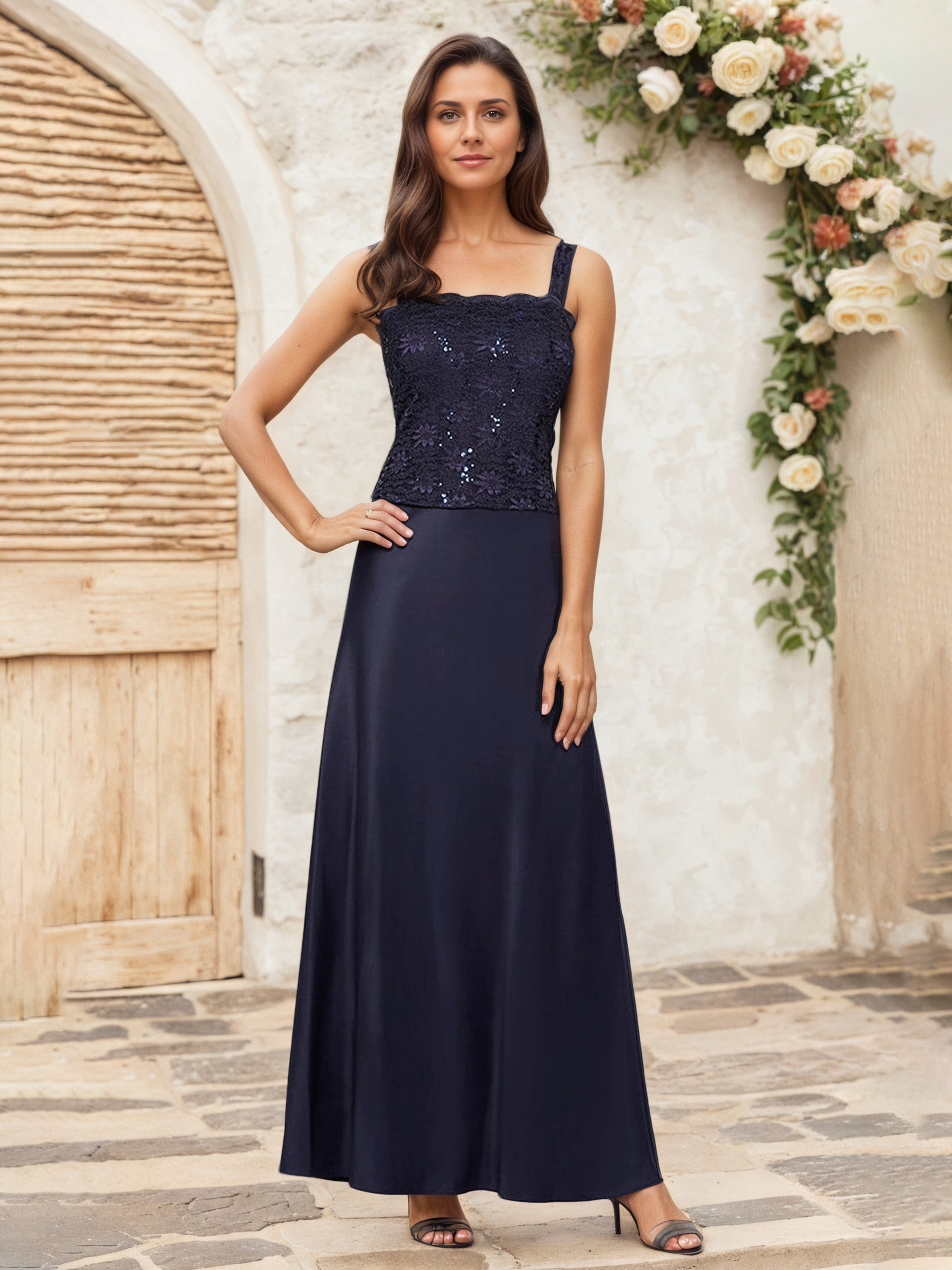 Tenue Mère de la Mariée Très Chic BLEU MARINE Trapèze Col Carré Manches 3/4 Robe en Satin Extensible et Dentelle
