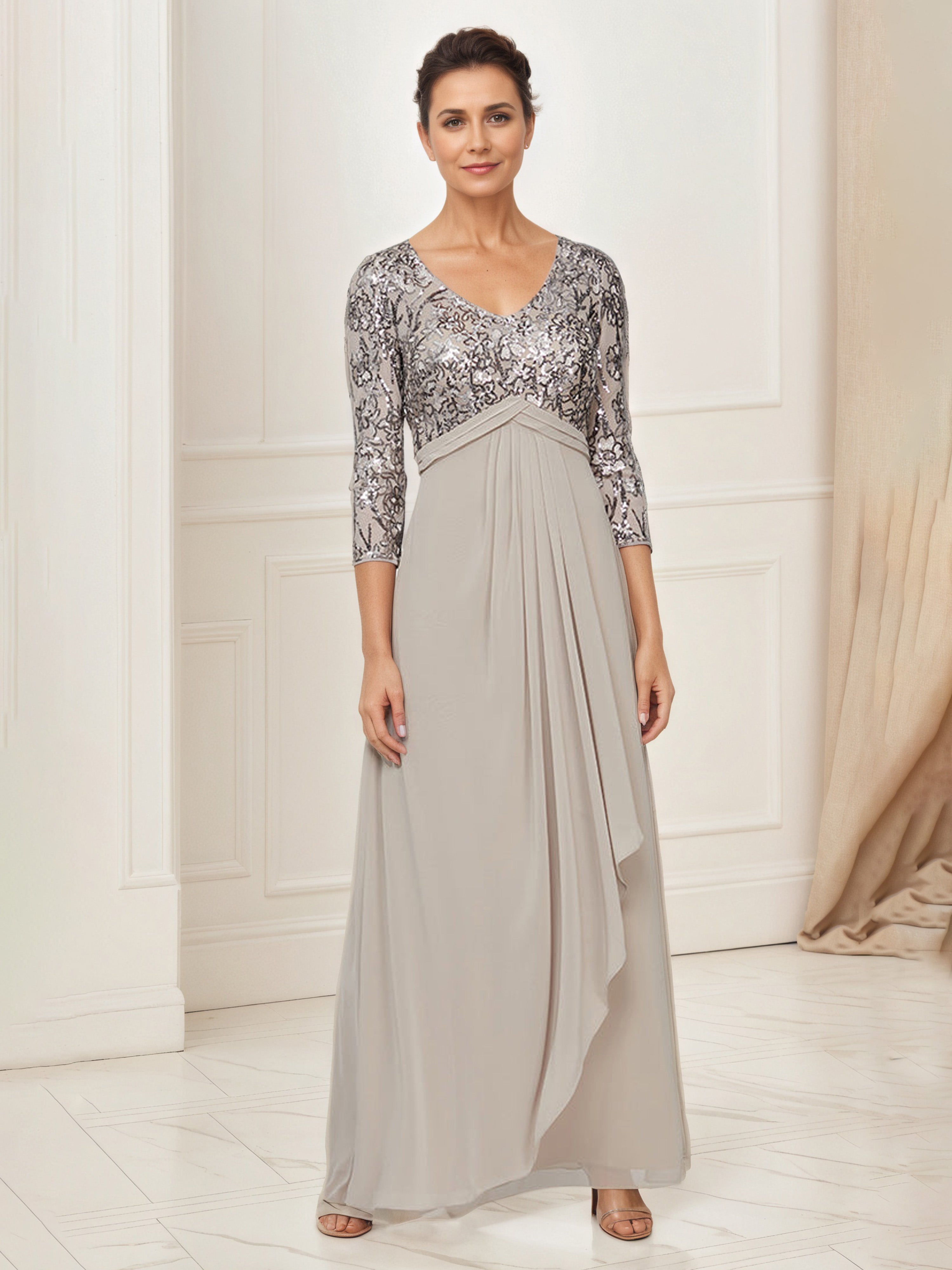 Robe Mere dela Mariee Taupe Robe Mousseline Taille Empire Avec Paillettes Manches 3/4