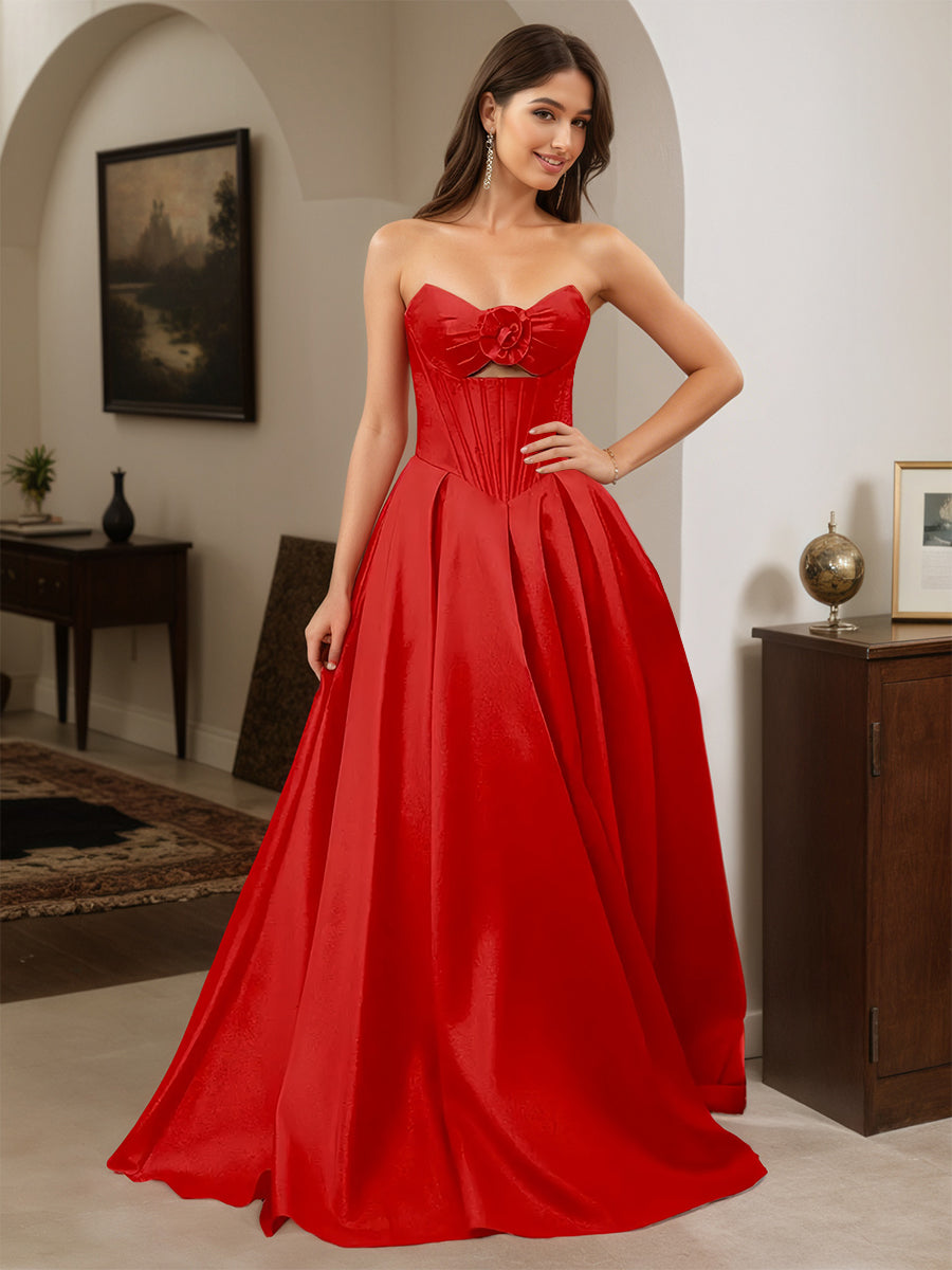 Cicinia Robe de Soirée ROUGE Longue A-Line en Satin sans Bretelles Longueur Sol