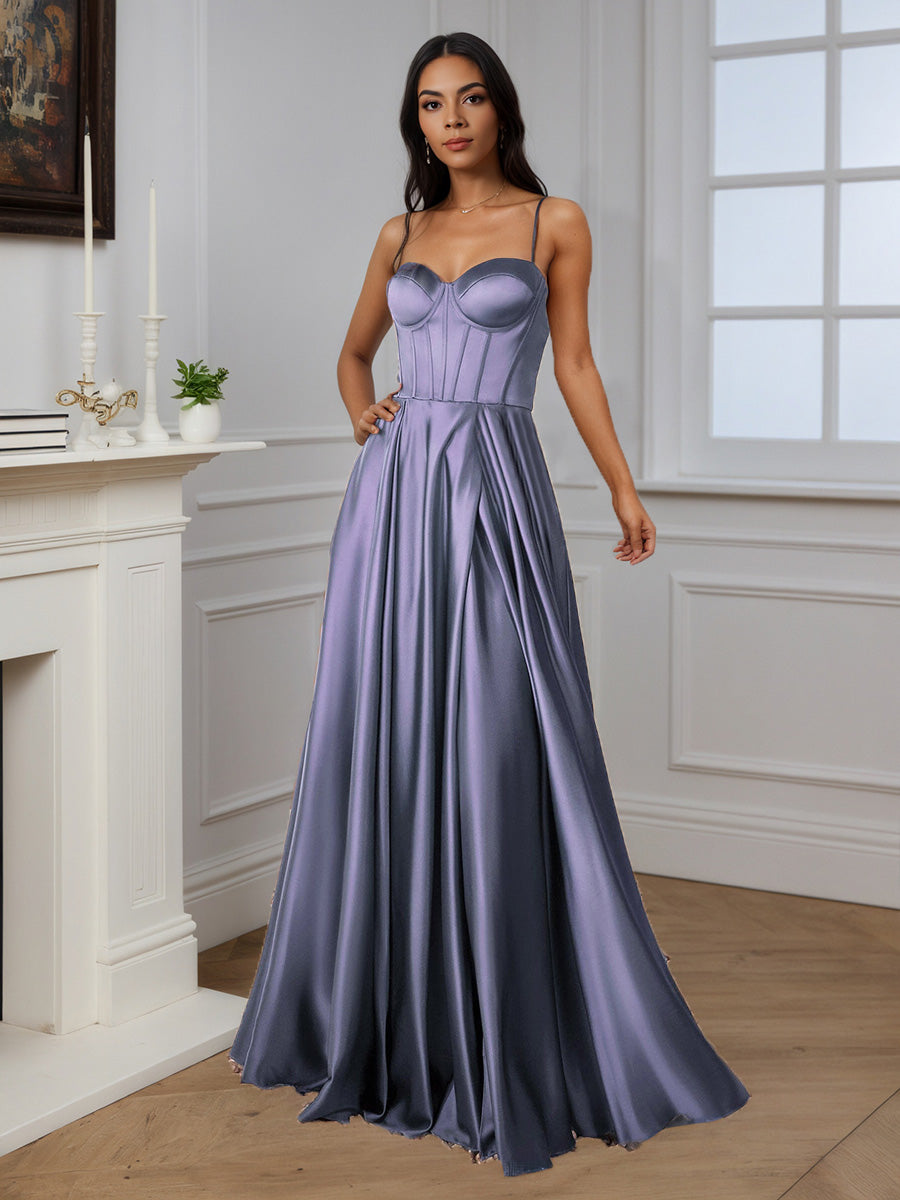 Cicinia Robe de Soirée ORAGEUX Longue en Satin Doux A-Line Fente Traîne Balayée
