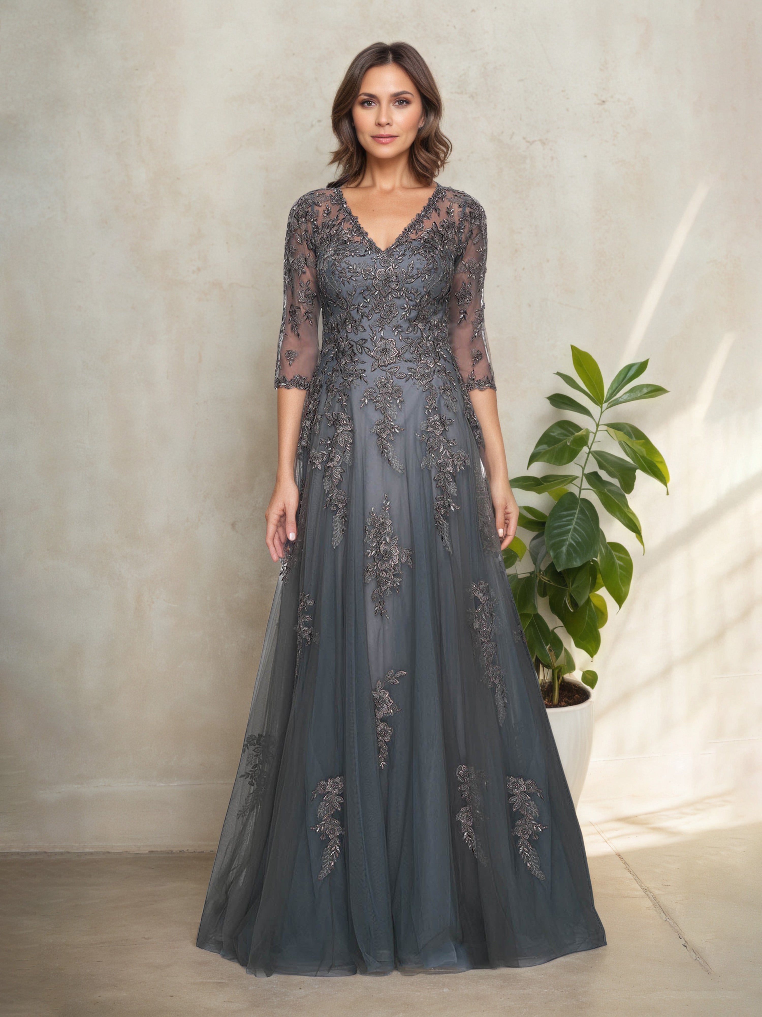 Robe Mère de la Mariée ORAGEUX en Dentelle - Manches Trois-Quarts à Décolleté en V