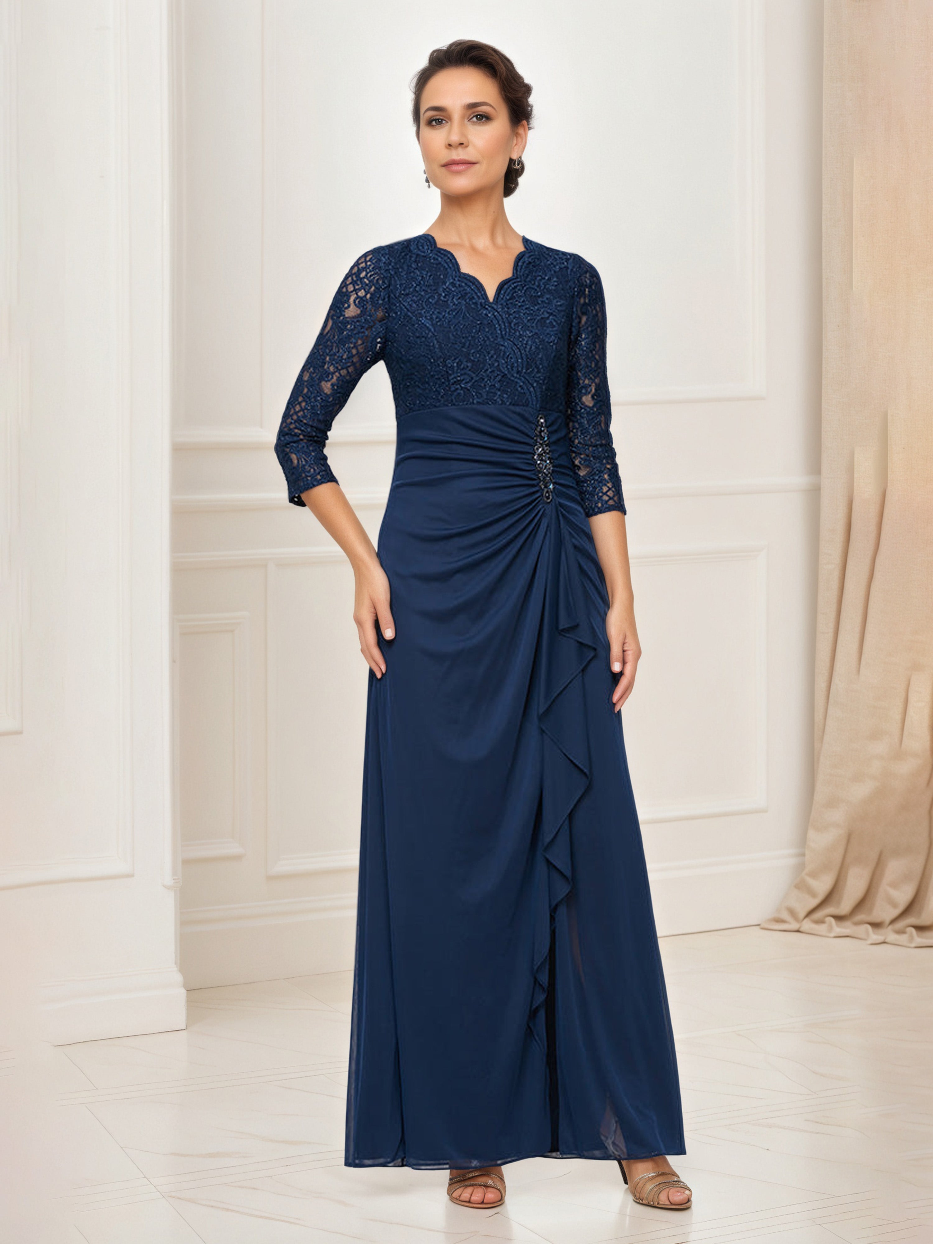 Robe Mere dela Mariee BLEU_MARINE Col V Illusion Robe Mousseline et Dentelle Manches 3/4