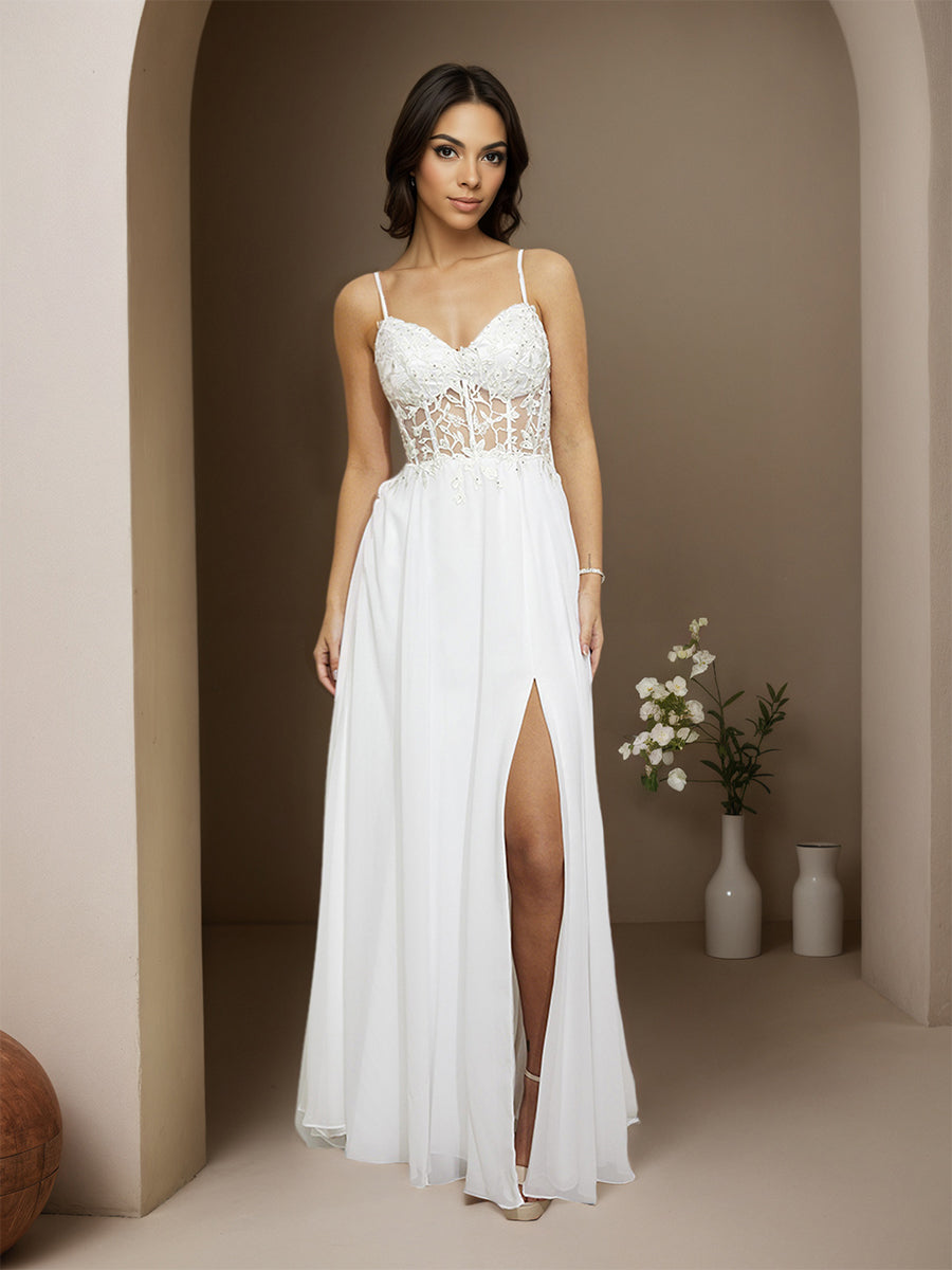 Cicinia IVOIRE Robe de Soirée Longue en Mousseline Appliqués Dentelle A-Line Traîne Balayée