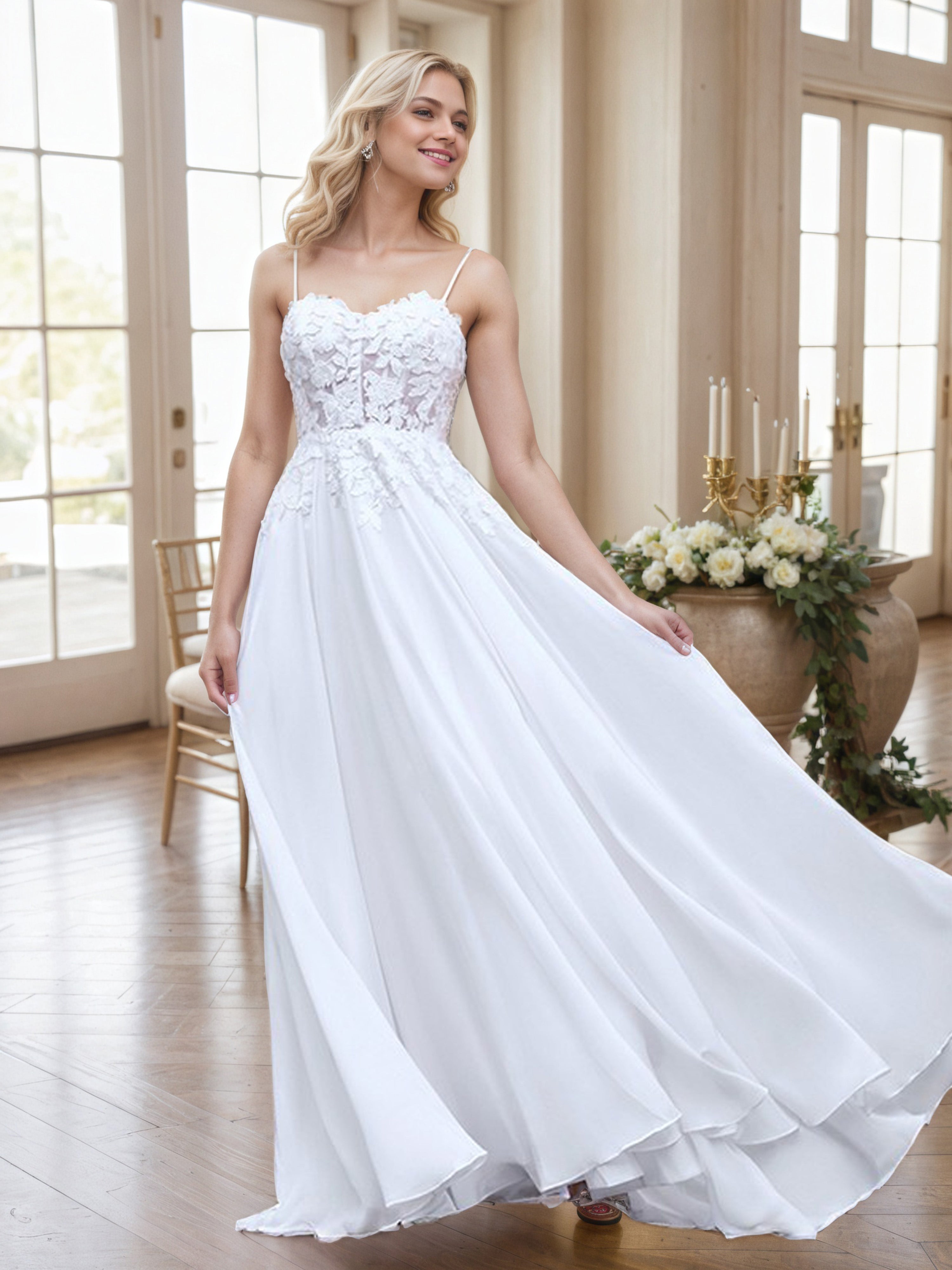 Robe de Soirée IVOIRE Cache Coeur Bretelles Spaghetti en Dentelle Trapèze Robe de Bal