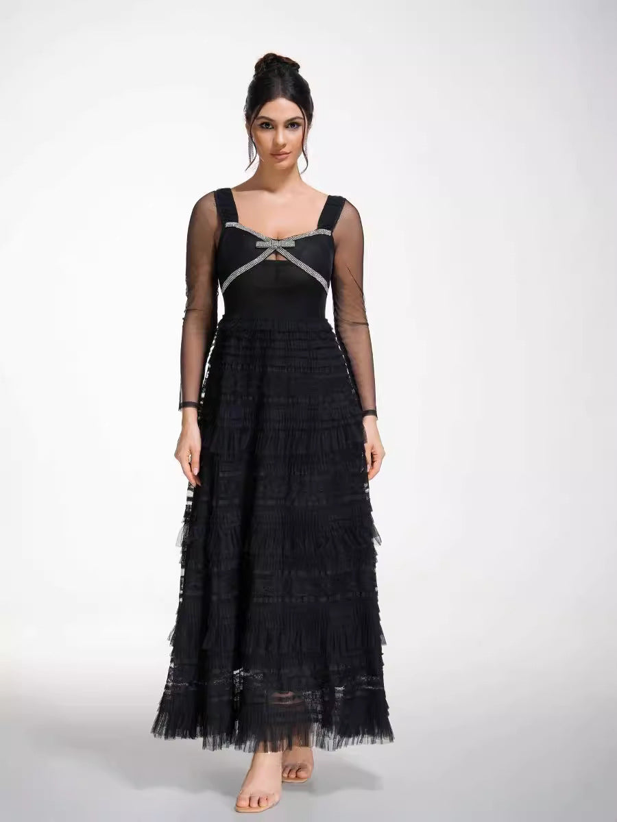 Robe Longue Trapèze Col en Cuillère Manches Longues Robe de Soirée en Noir