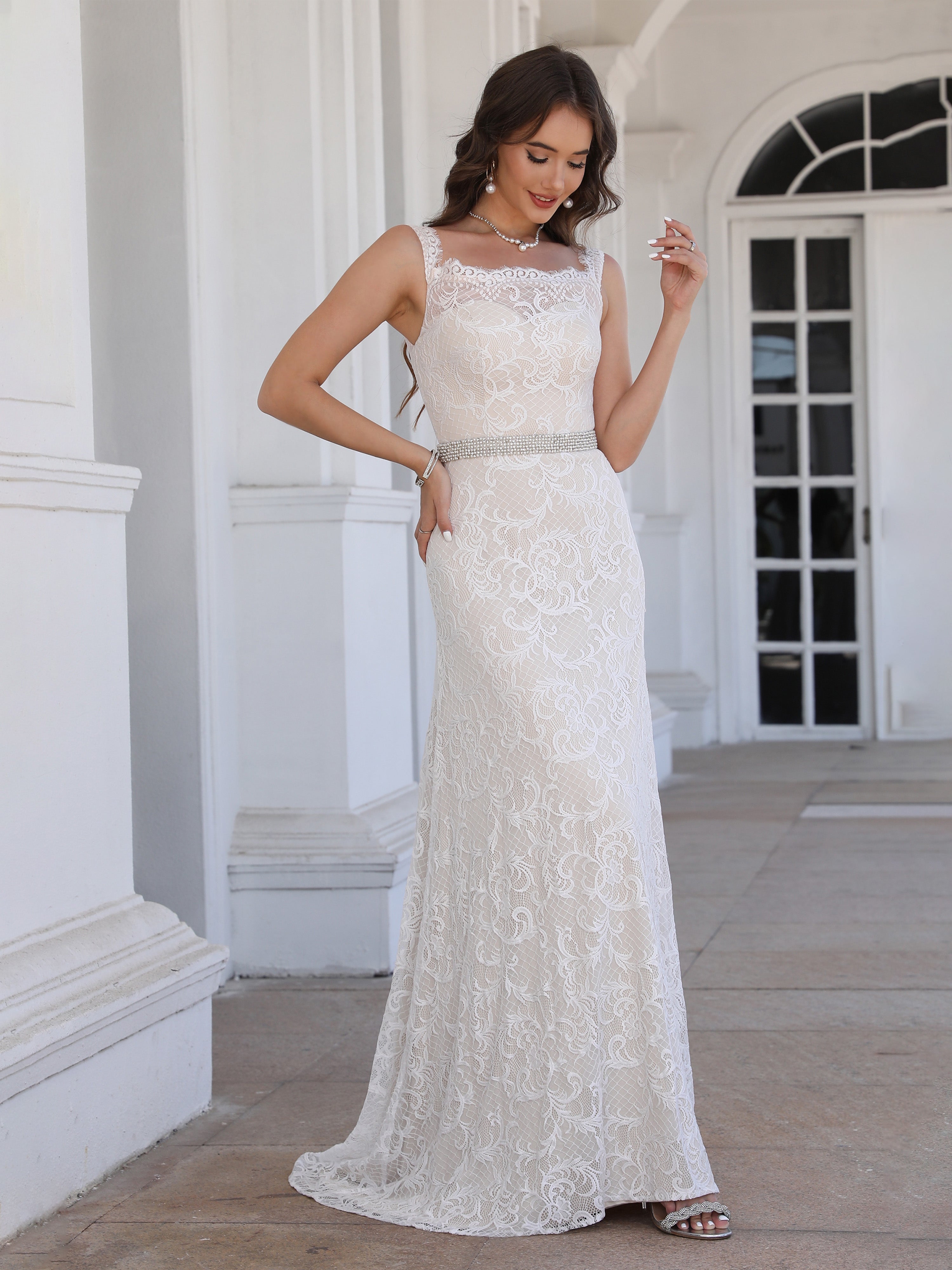 Col Bénitier Dentelle Trapèze Robe de Mariage