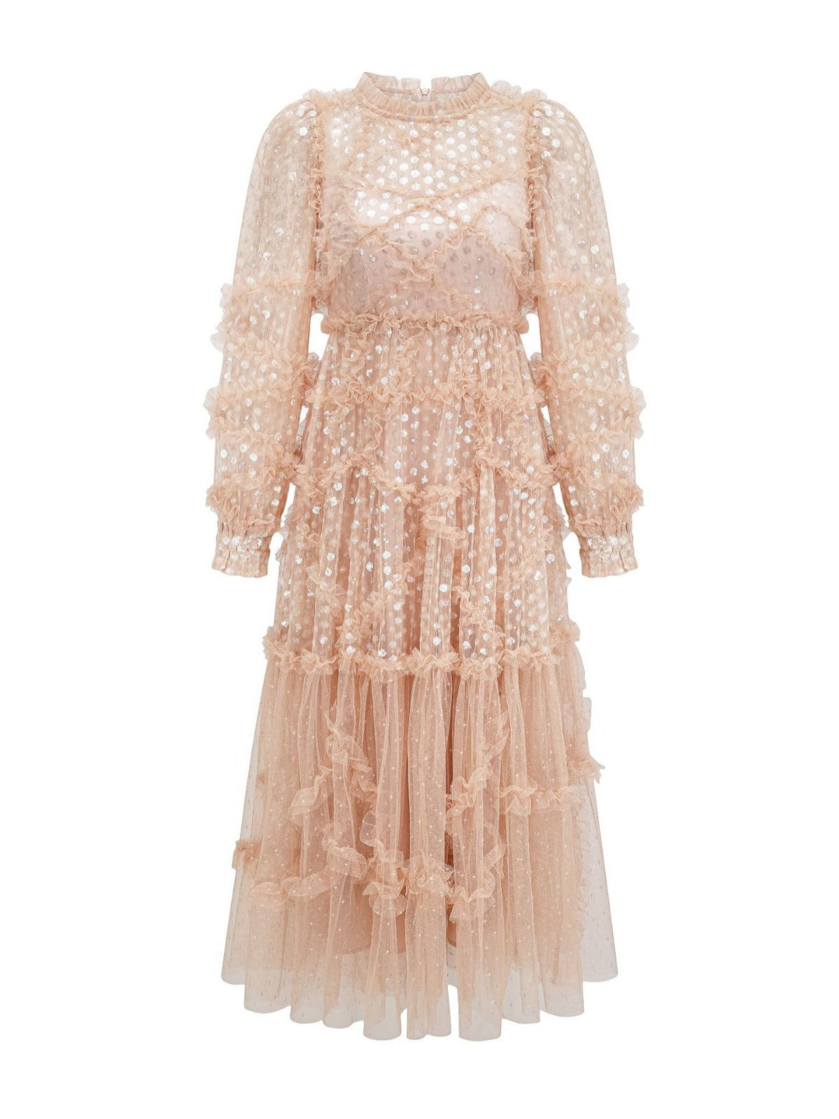 Robe Trapèze Paillettes Col Rond Manches Longues Robe de Soirée en Rose