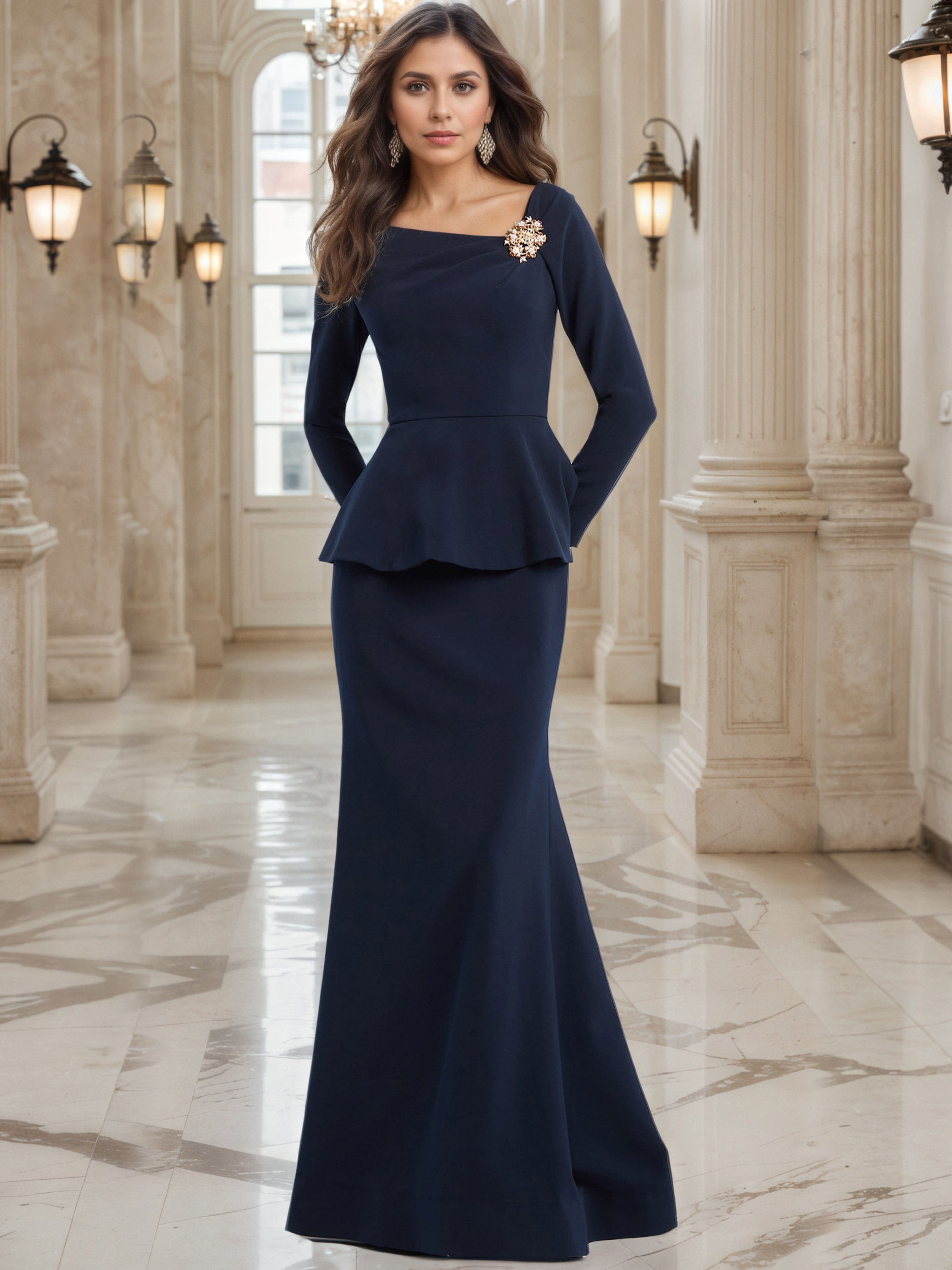 Elégante Robe de Soirée BLEU_MARINE Col V Avec un Corsage à Volants à Manches Longues