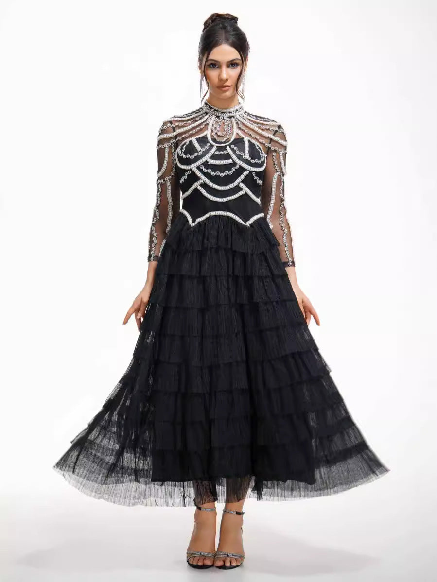 Robe Longue Trapèze Col Montant Manches Longues Robe de Soirée en Noir