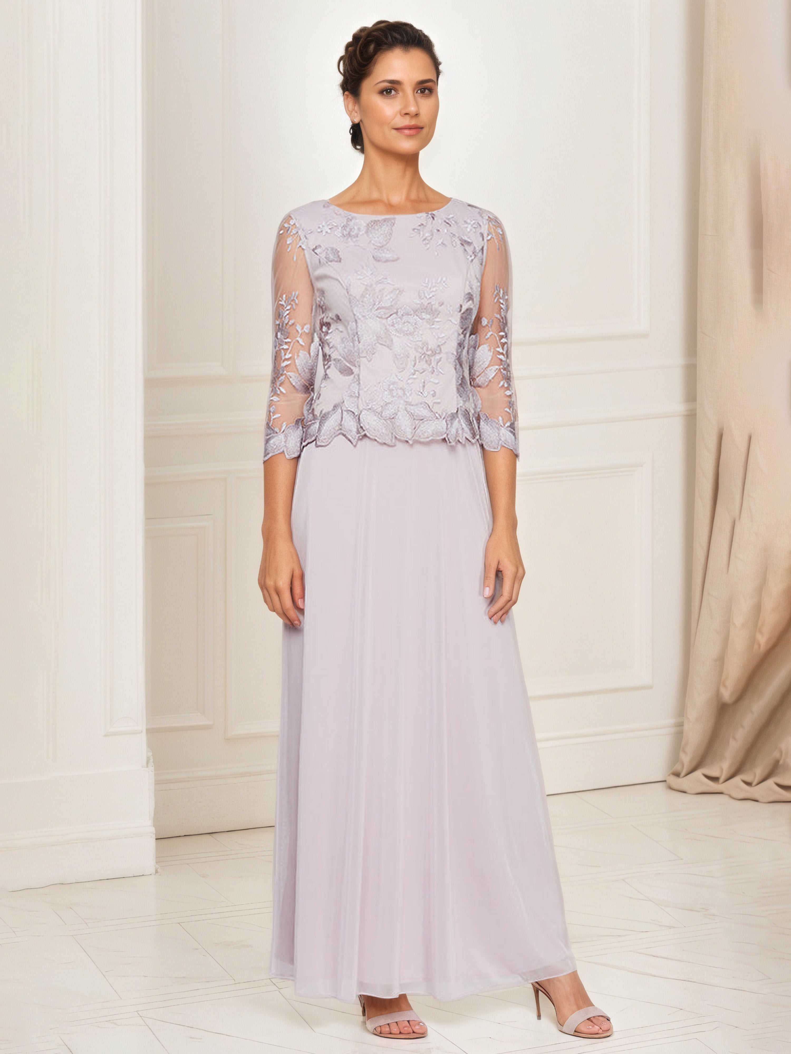 Robe Mere dela Mariee CREPUSCULE Col Rond Robe Trapèze Manches 3/4 Broderie en dentelle