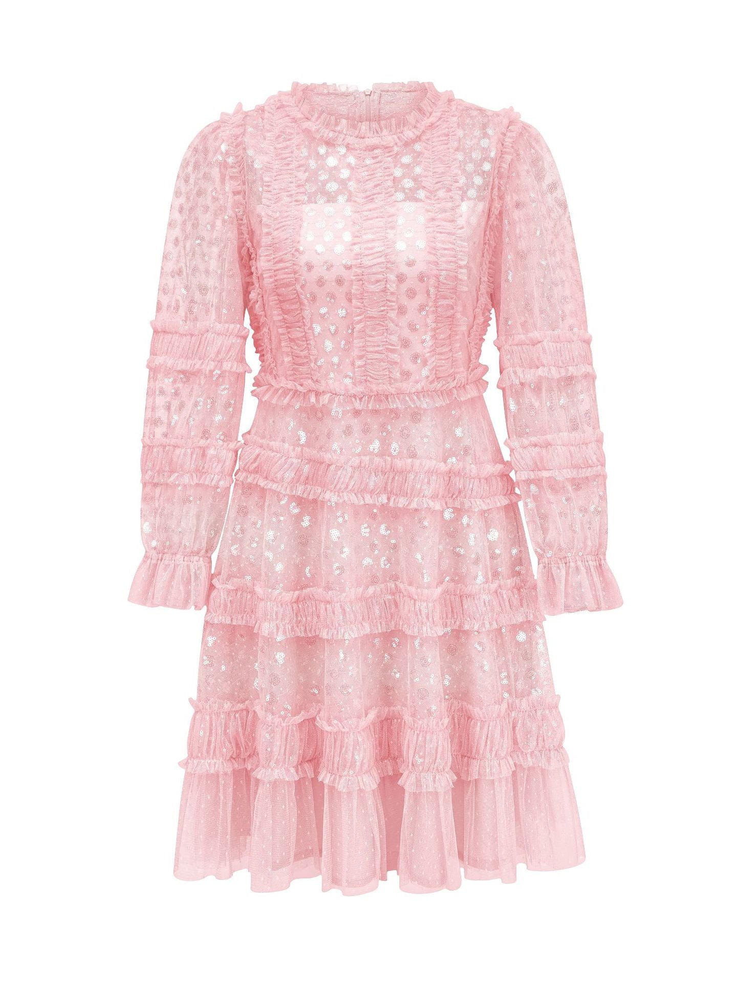 Robe Courte Trapèze Paillettes Col Rond Manches Longues Robe de Soirée en Rose