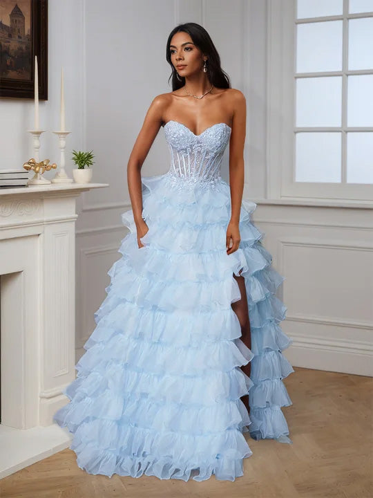 Cicinia Bleu Ciel Robe de Soirée Princesse Longue à Volants Décolleté Cœur