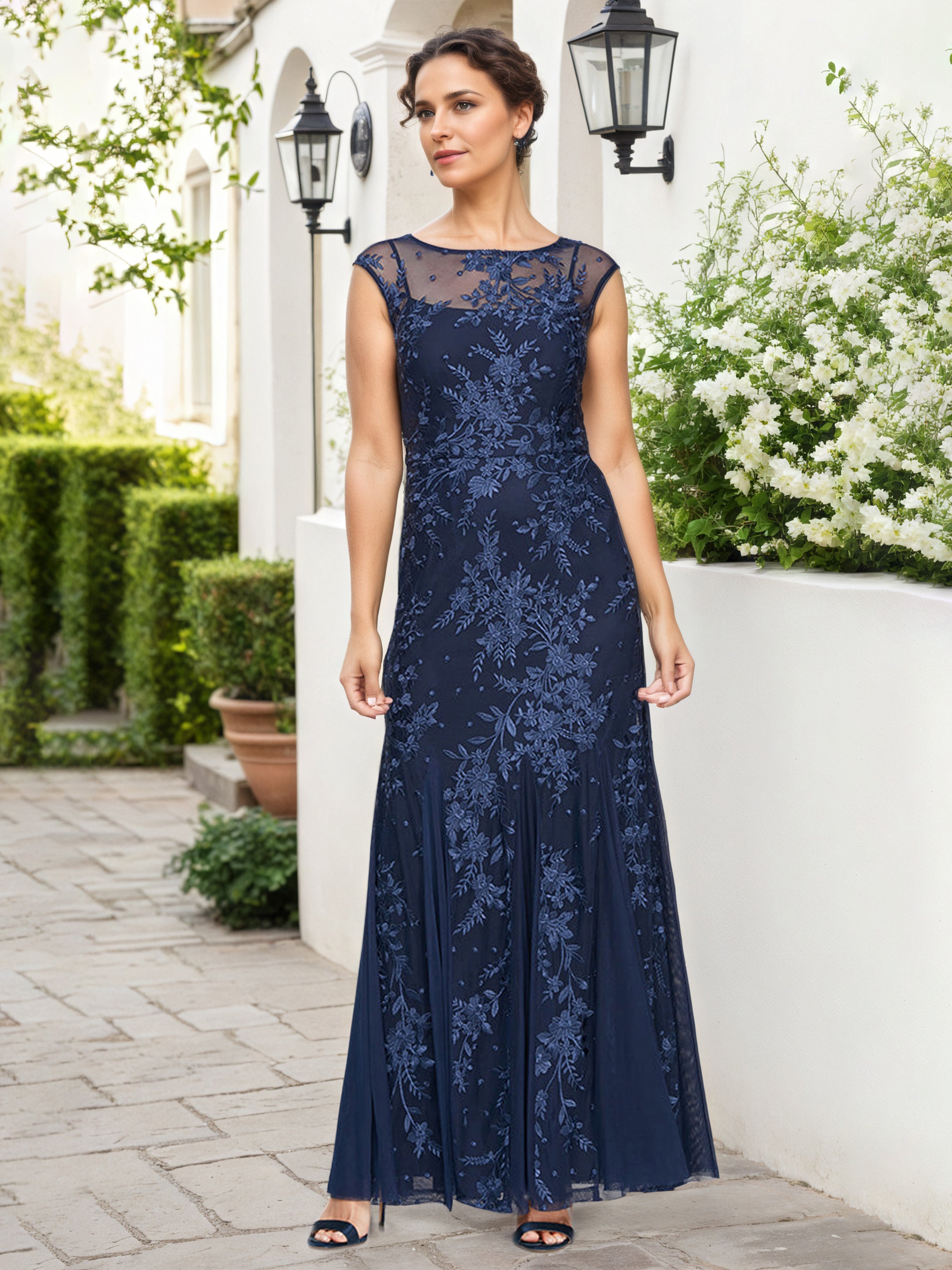 Robe Mere dela Mariee BLEU_MARINE Fourreau/Colonne Col Bateau Robe Longue Manchette