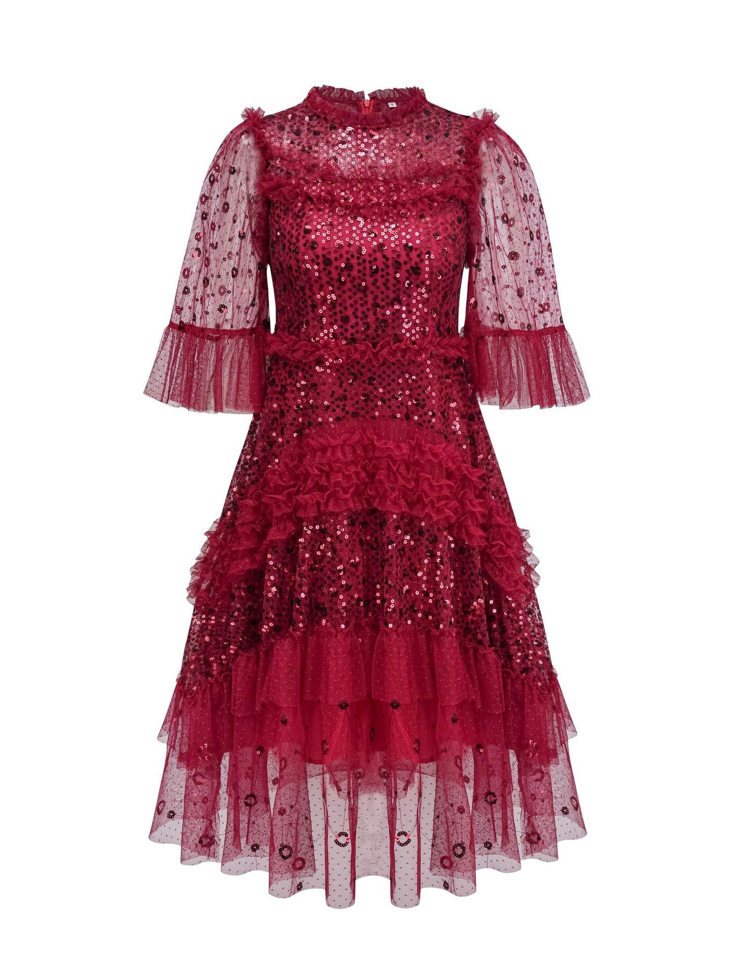 Robe Courte Trapèze Col Rond Paillettes Manches 3/4 Robe de Soirée en Rouge