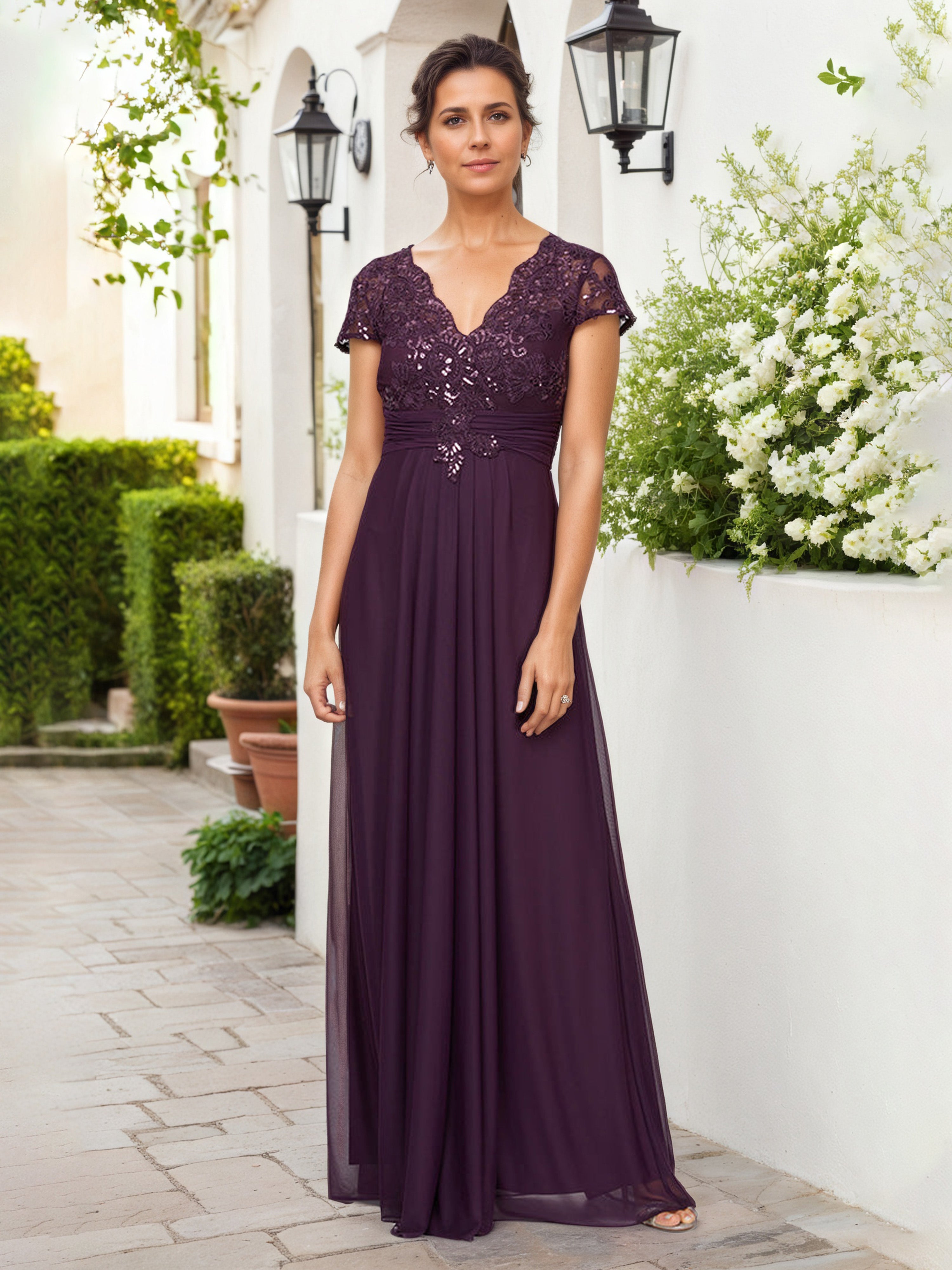 Robe Mere dela Mariee Aubergine Trapèze Col V Manchette Robe Longue Plissée