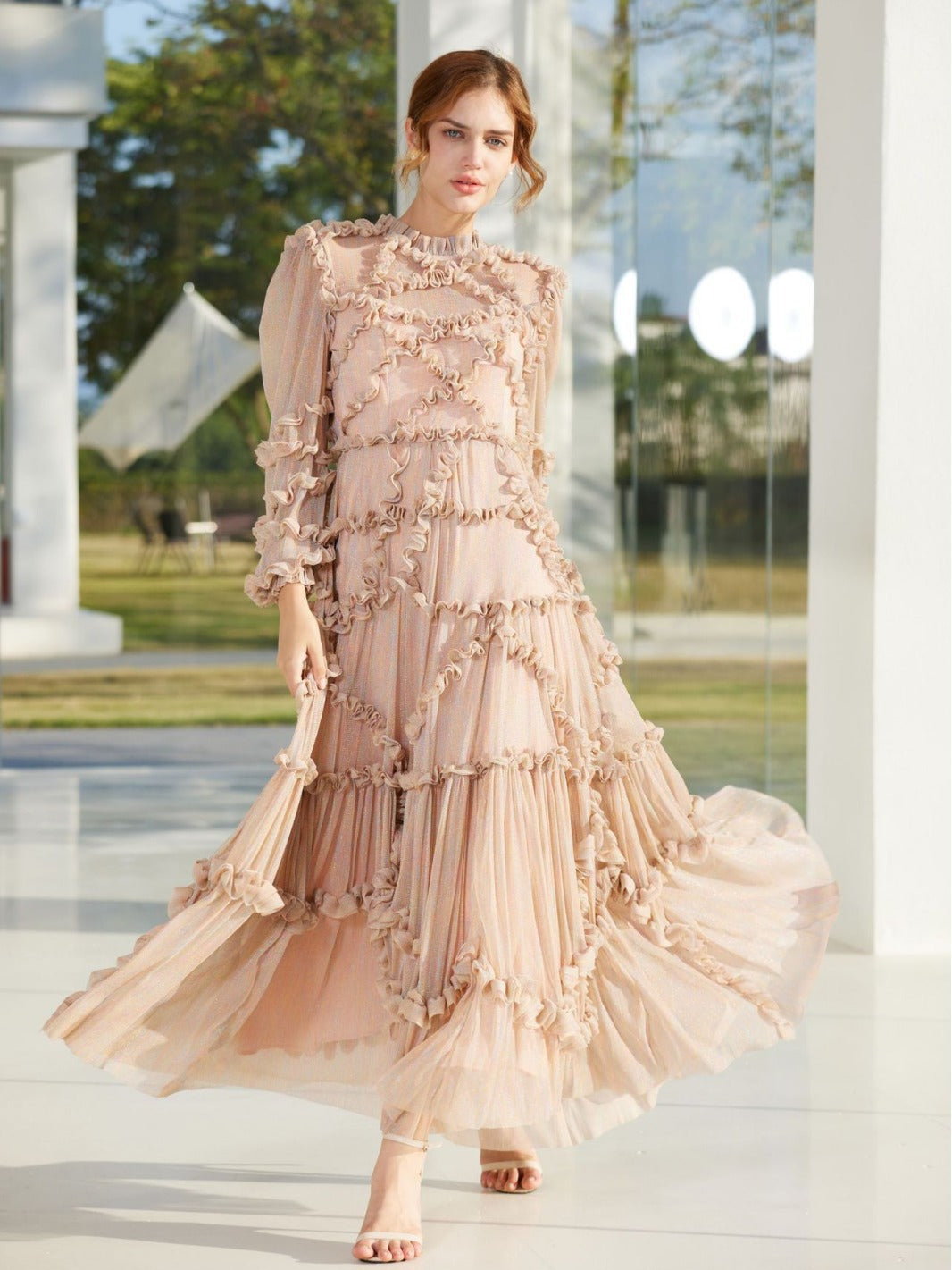 Robe Trapèze Empire Col Rond Manches Longues Robe de Soirée en Rose