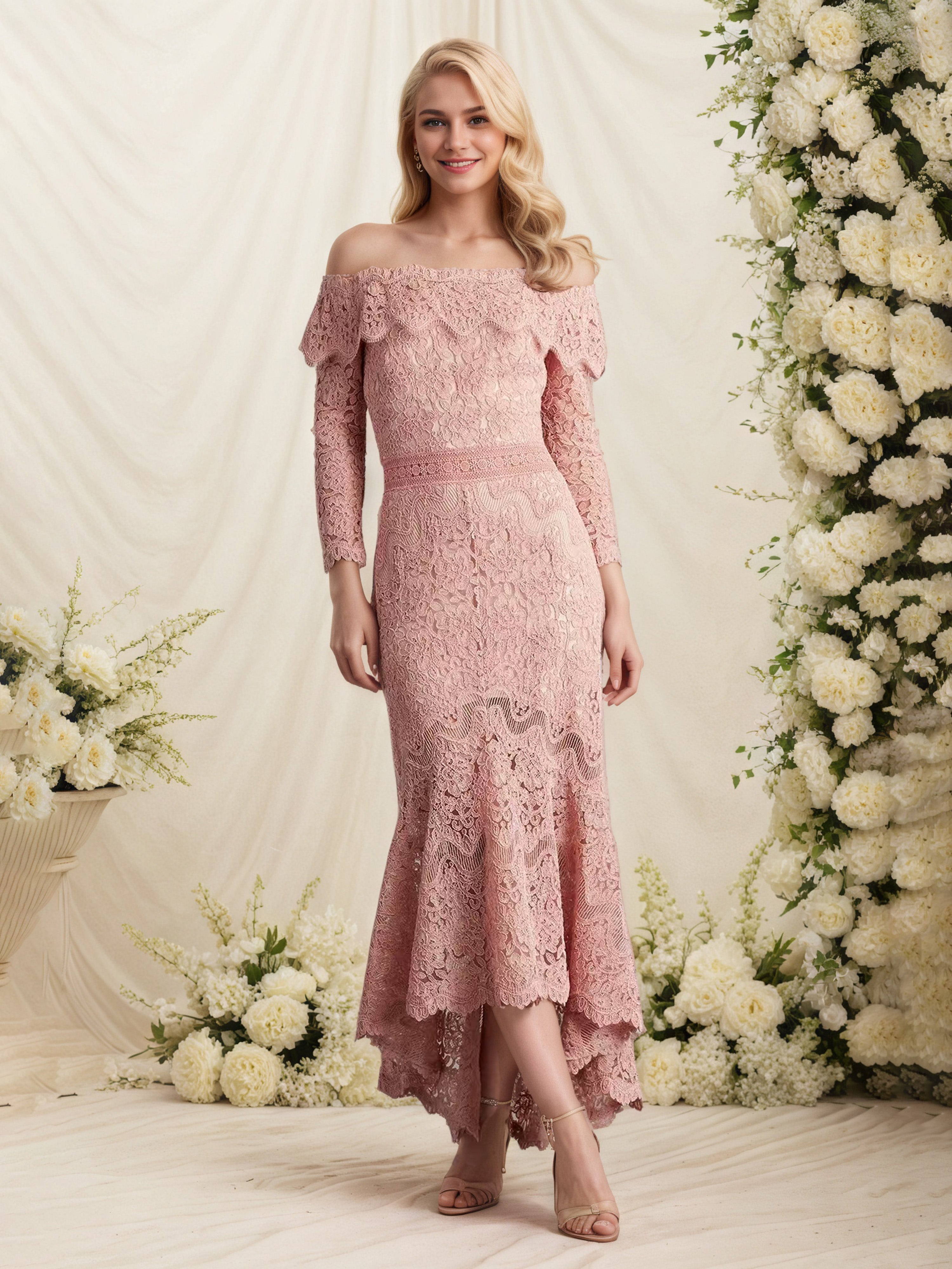 Robe Cérémonie Mariage Mère Du Marié ROSE POUDRE Dentelle Epaule Dénudée Robe Mère de la Mariée