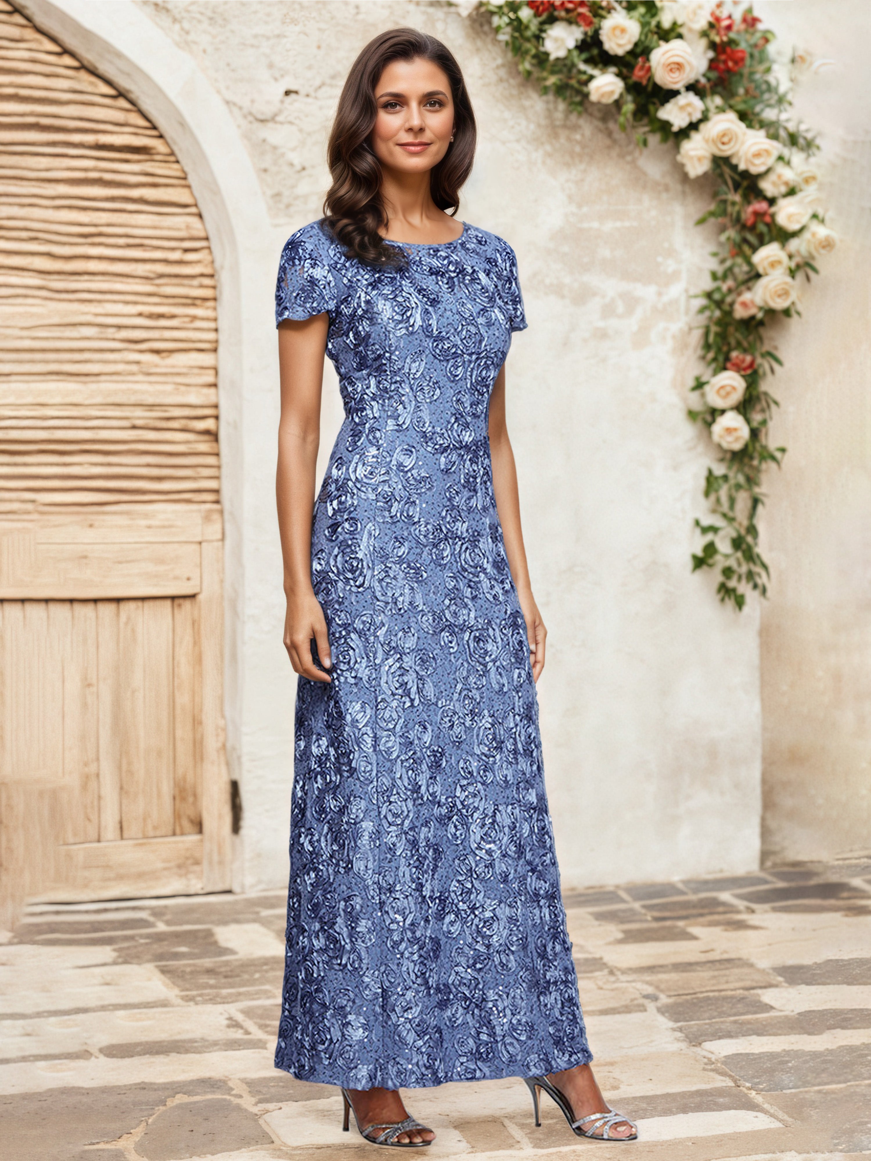 Robe Cérémonie Mariage Mère Du Marié Periwinkle Paillettes Florales Fourreau/Colonne Robe Mère de la Mariée