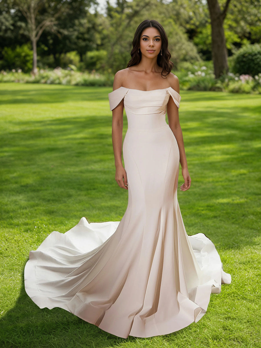 Cicinia Robe de Mariée Sirène Épaules Dénudées à Plis Fermeture Dos à Glissière Épurée