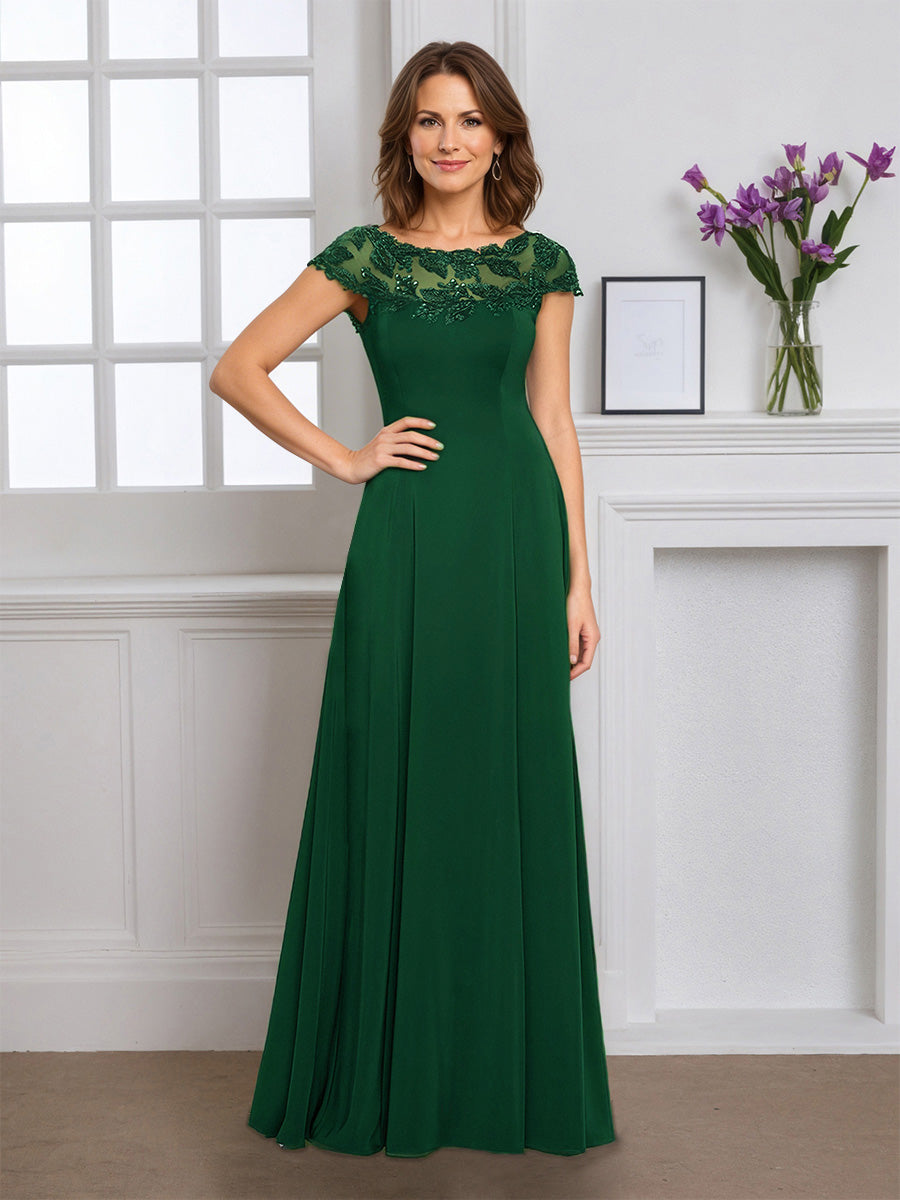 Cicinia Robe pour Mère de la Mariée VERT FONCE Longue en Mousseline Appliqués Dentelle Manches Capelines