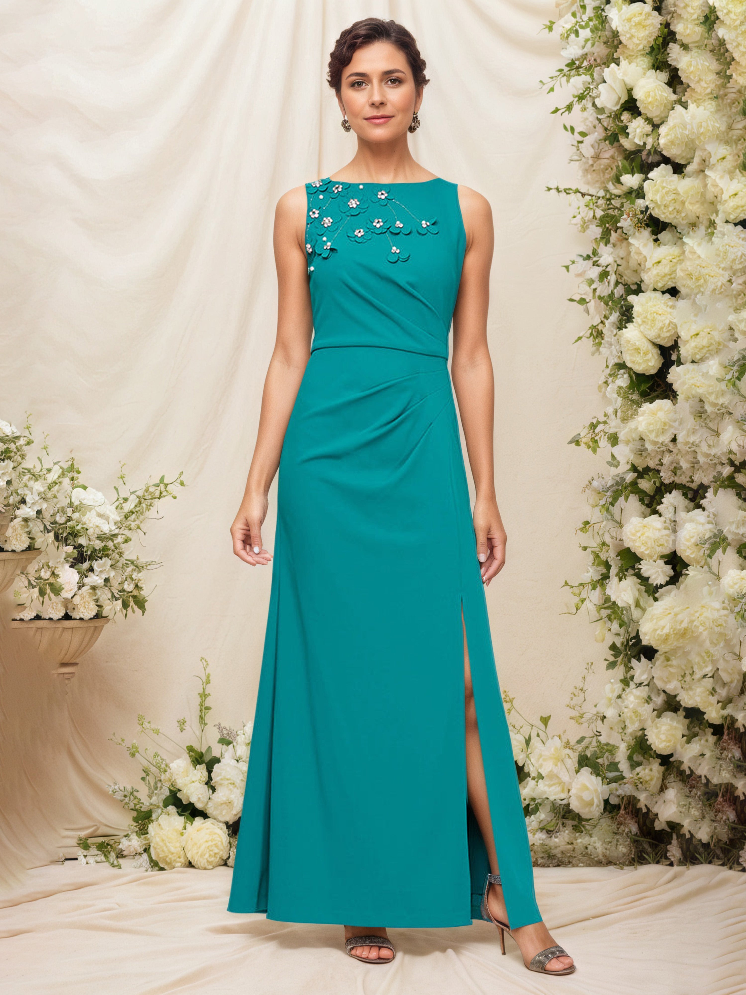 Robe Mère de la Mariée Jade Fourreau/Colonne Robe à Col ras du cou Sans Manches Ornée d’applications Florales et Plis