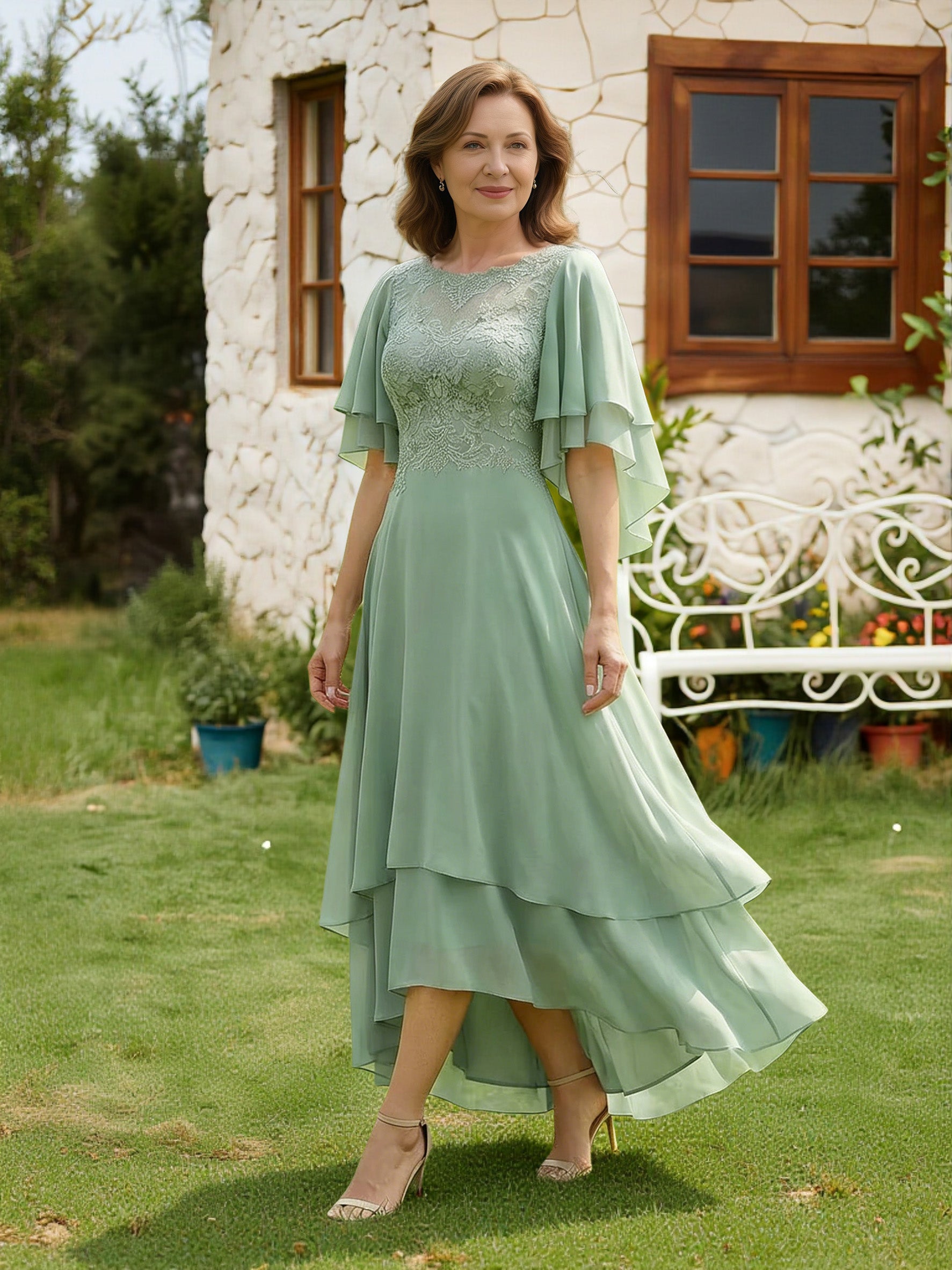Cicinia Sauge Poussiéreux Robe pour Mère de la Mariée Longue A-Line en Mousseline Dentelle à Volants Ourlet Asymétrique