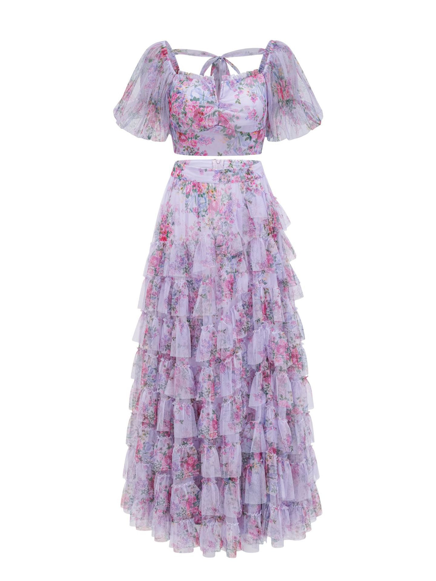 Robe Longue Deux Pièces Trapèze Col Carré Manches Courtes Robe de Soirée en Lilas