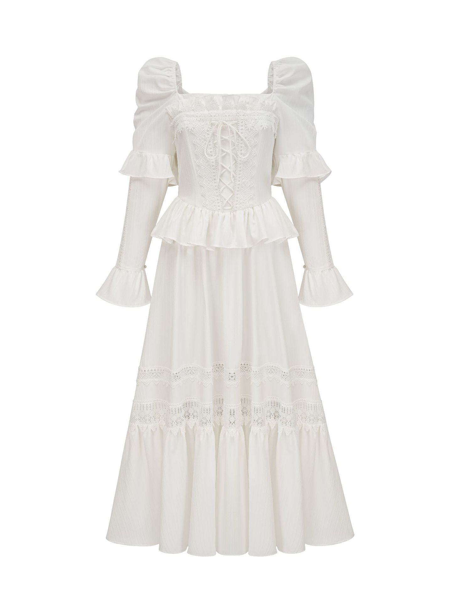 Robe Longue Trapèze Col Carré Manches Longues Robe de Soirée en Blanc