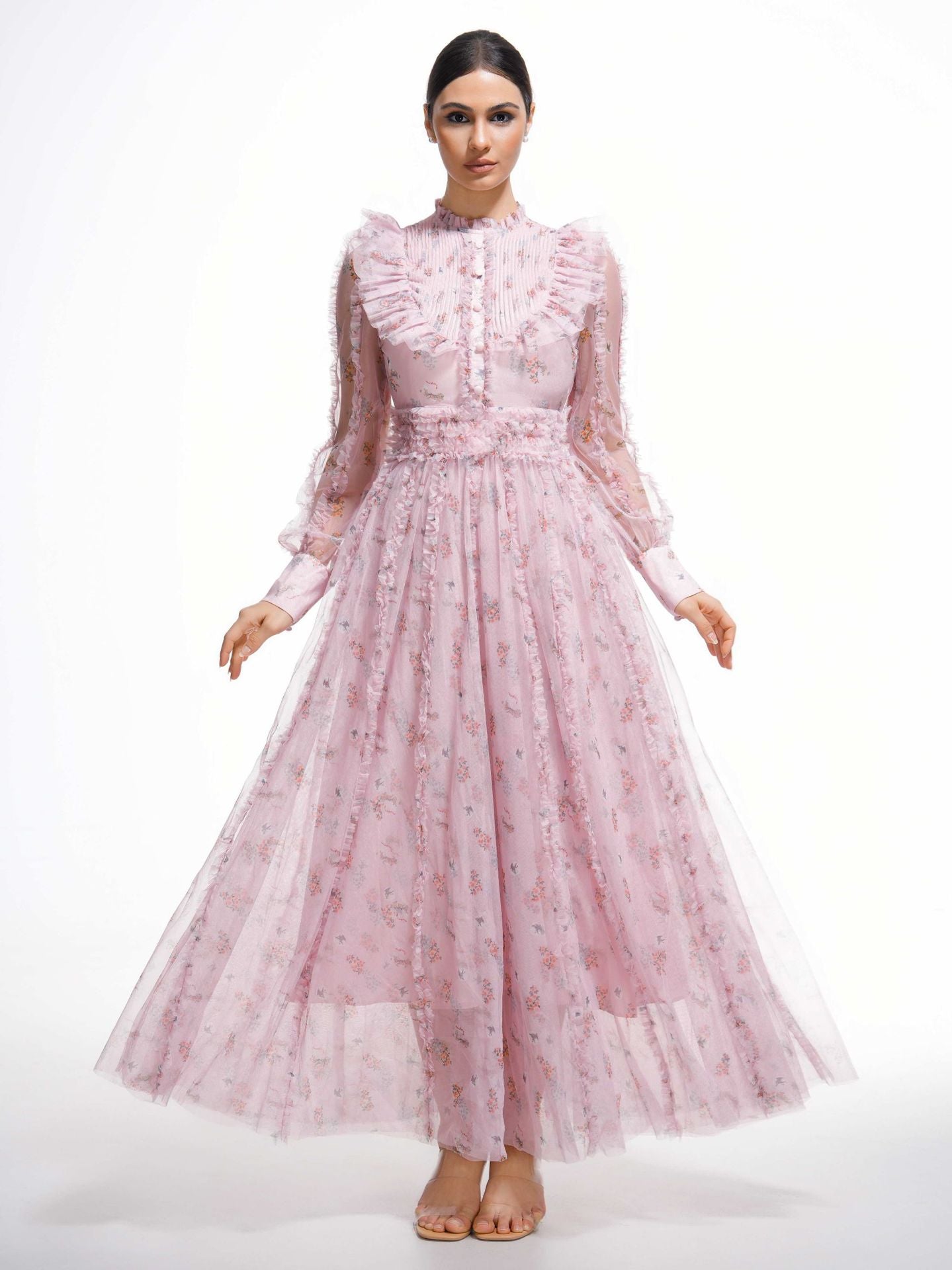 Robe Longue Trapèze Col Rond Manches Longues Robe de Soirée en Rose