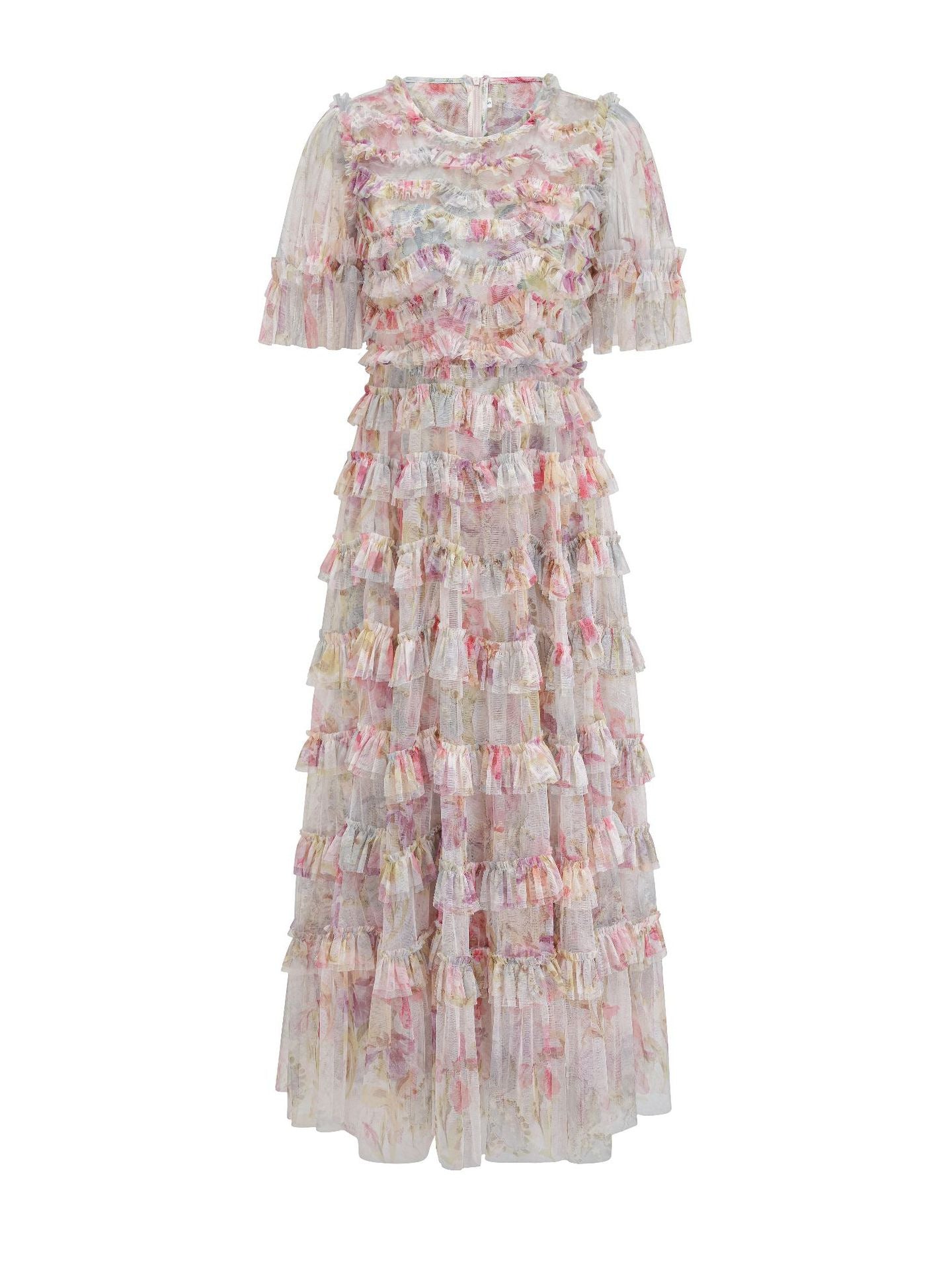 Robe Trapèze Col Rond à Volants Manches Courtes Robe de Soirée en Rose