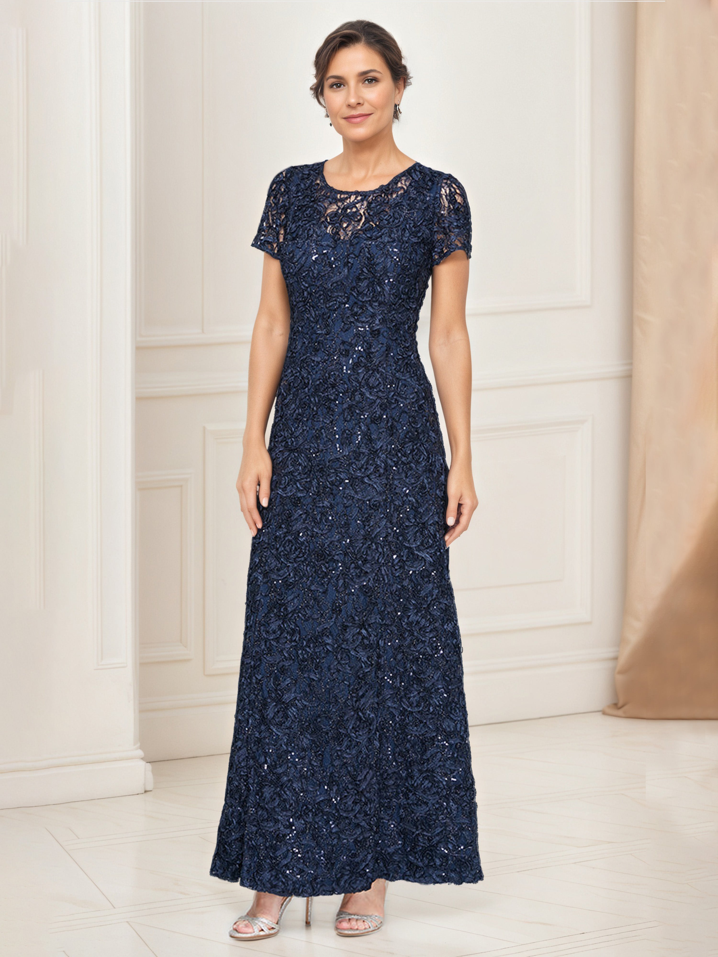 Robe Mere dela Mariee BLEU_MARINE Col Rond Robe à Paillettes et Dentelle Manches Courtes
