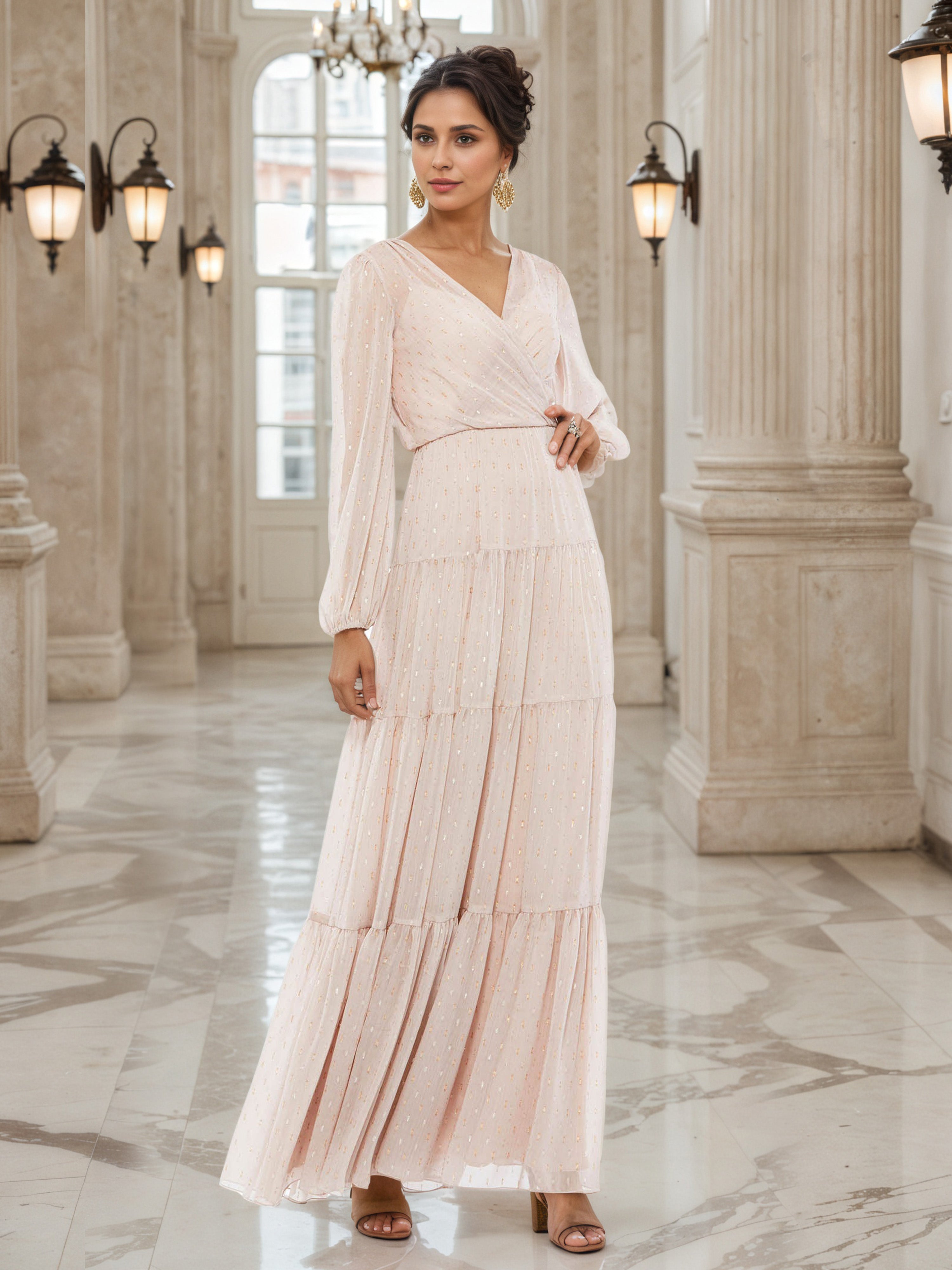 Elégante Robe de Soirée ROSE_PERLE Col V Trapèze à Manches Longues Robe Plissée