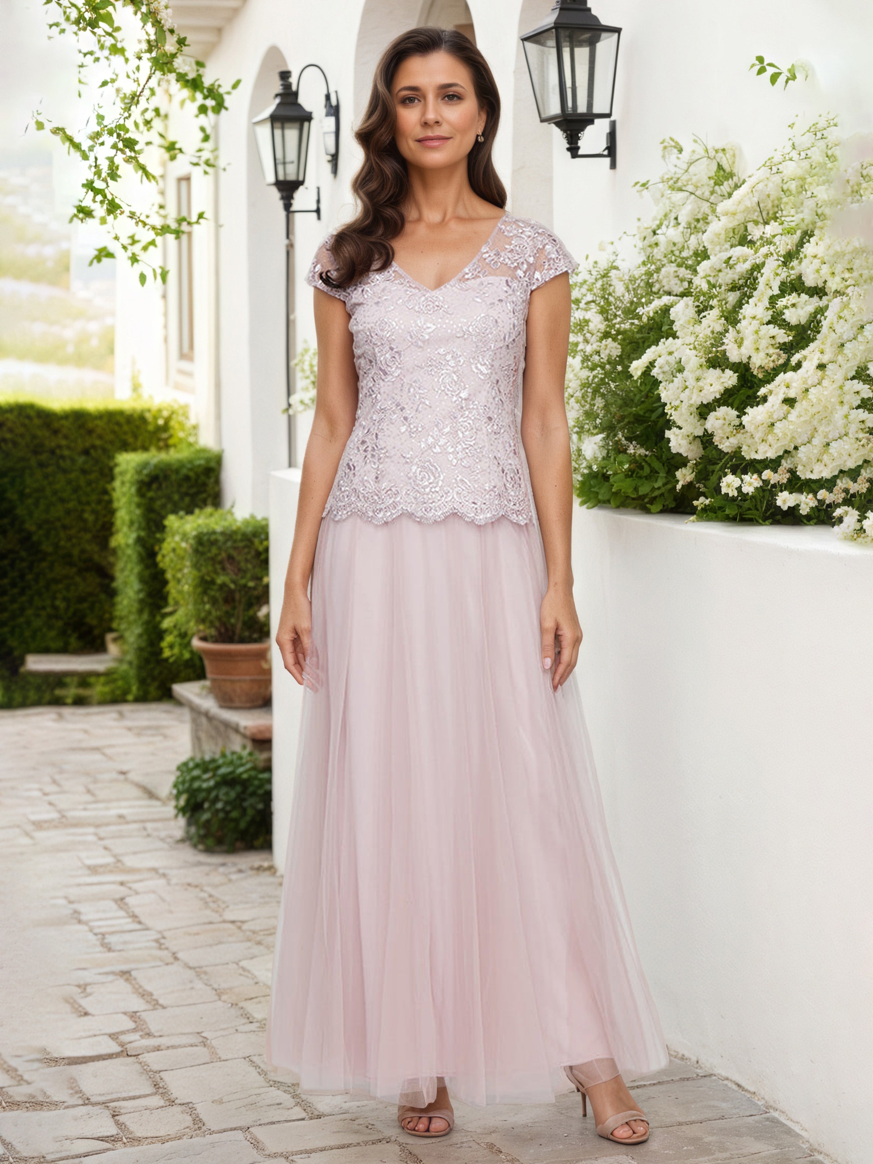 Robe Mere dela Mariee Rose Col V Robe Trapèze en Dentelle Manchette