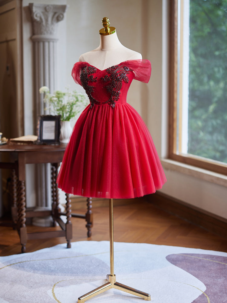 Robe de bal Col Cœur en Tulle Bordeaux Épaules Dénudées avec Perles