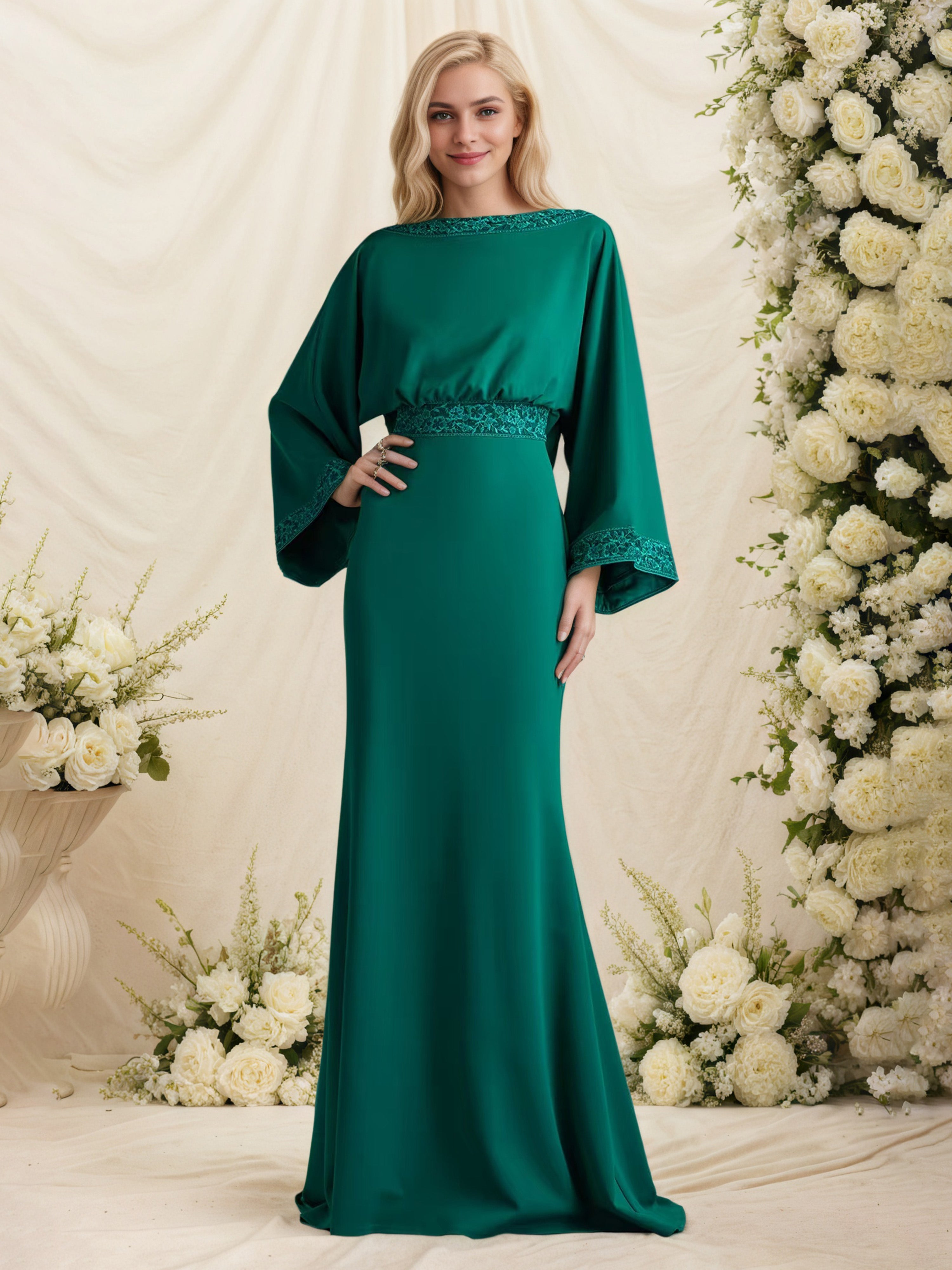 Robe Cérémonie Mariage Mère Du Marié VERT FONCE Manches longues Mousseline Robe Mère de la Mariée