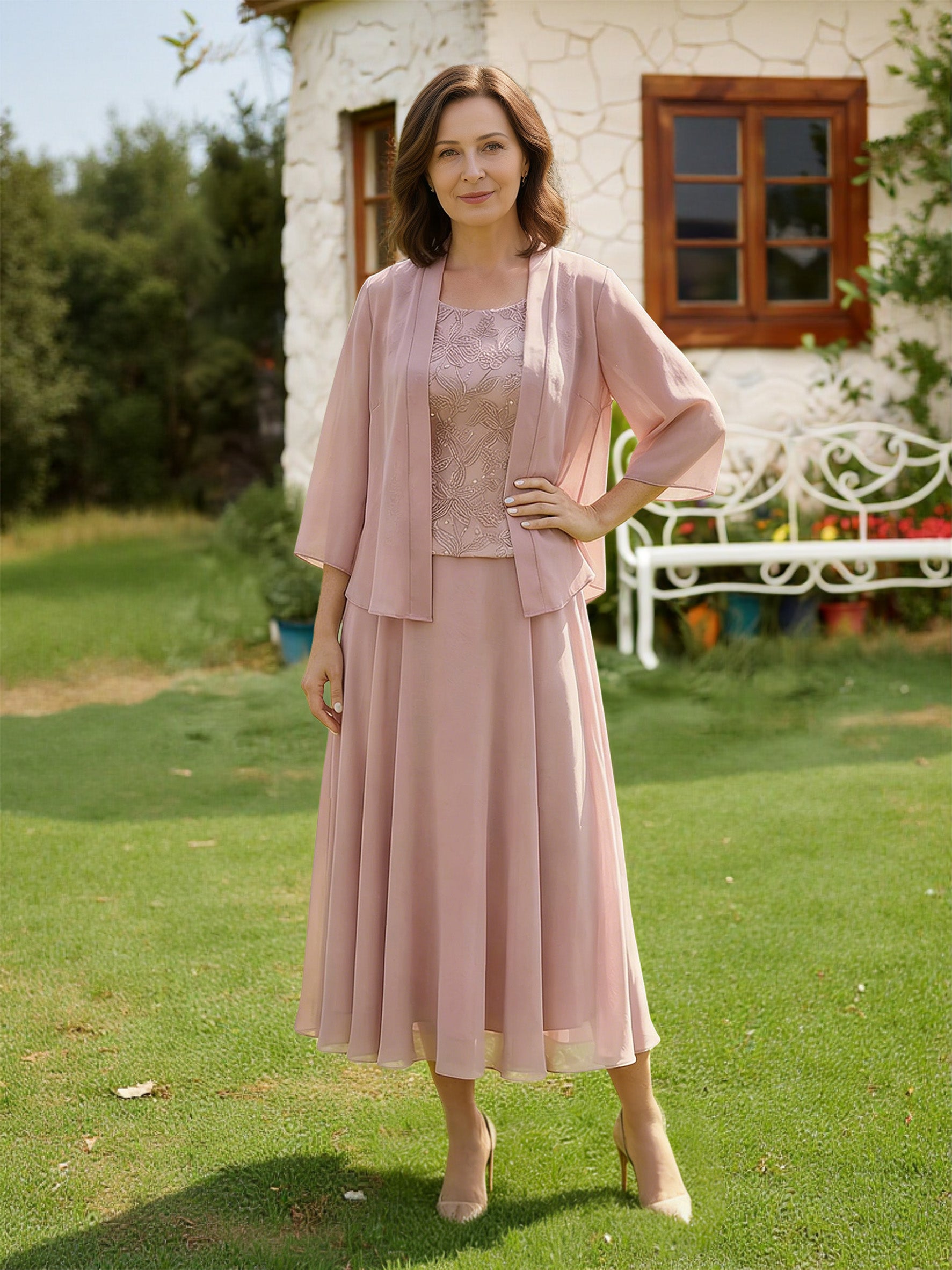 Cicinia Rose Poussiéreux Robe pour Mère de la Mariée 3 Pièces avec Veste Longue A-Line en Mousseline Dentelle Longueur Midi (Thé)