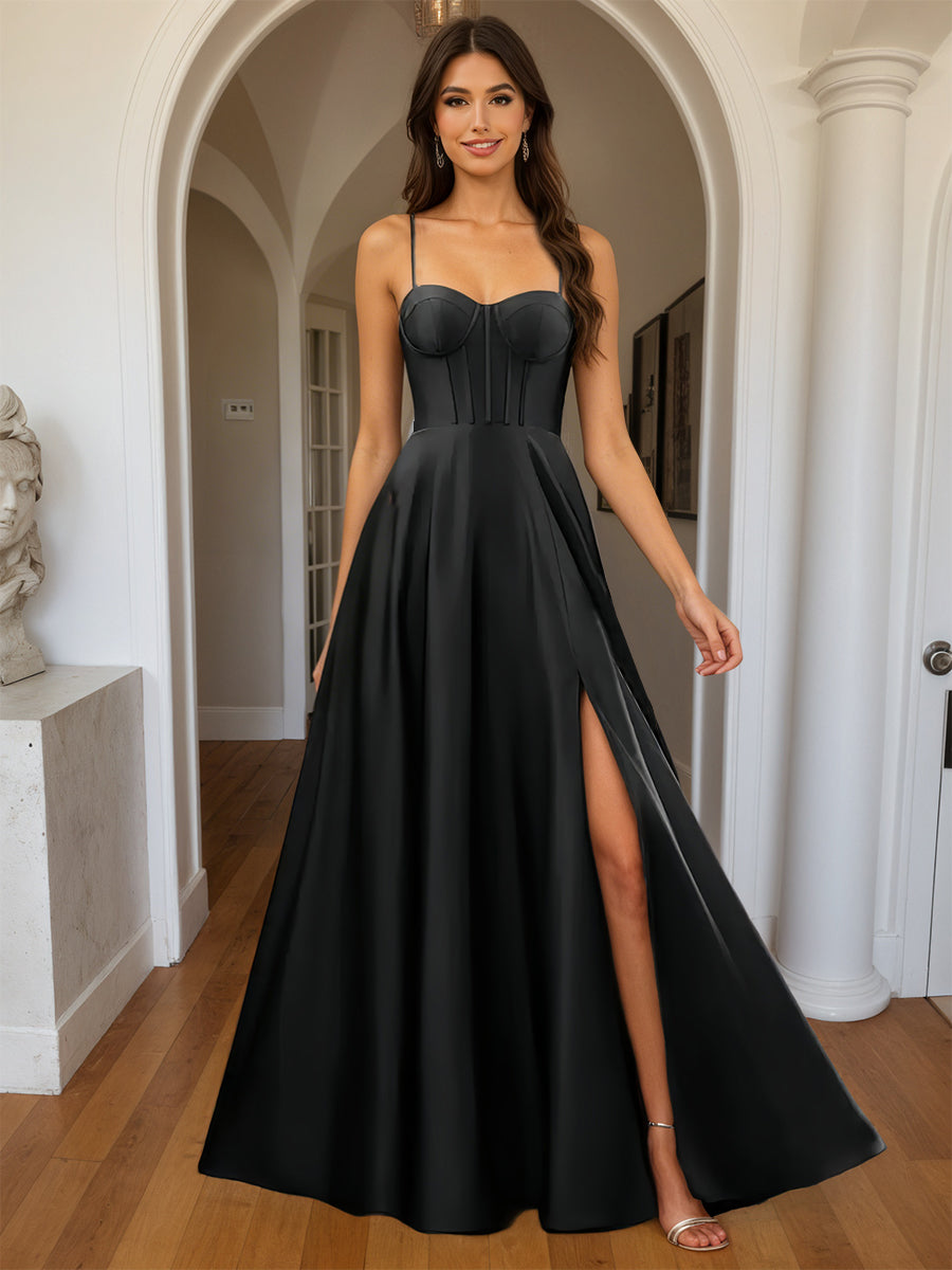 Cicinia Robe de Soirée Noir Longue A-Line en Satin à Bretelles Spaghetti Décolleté Cœur Longueur Sol