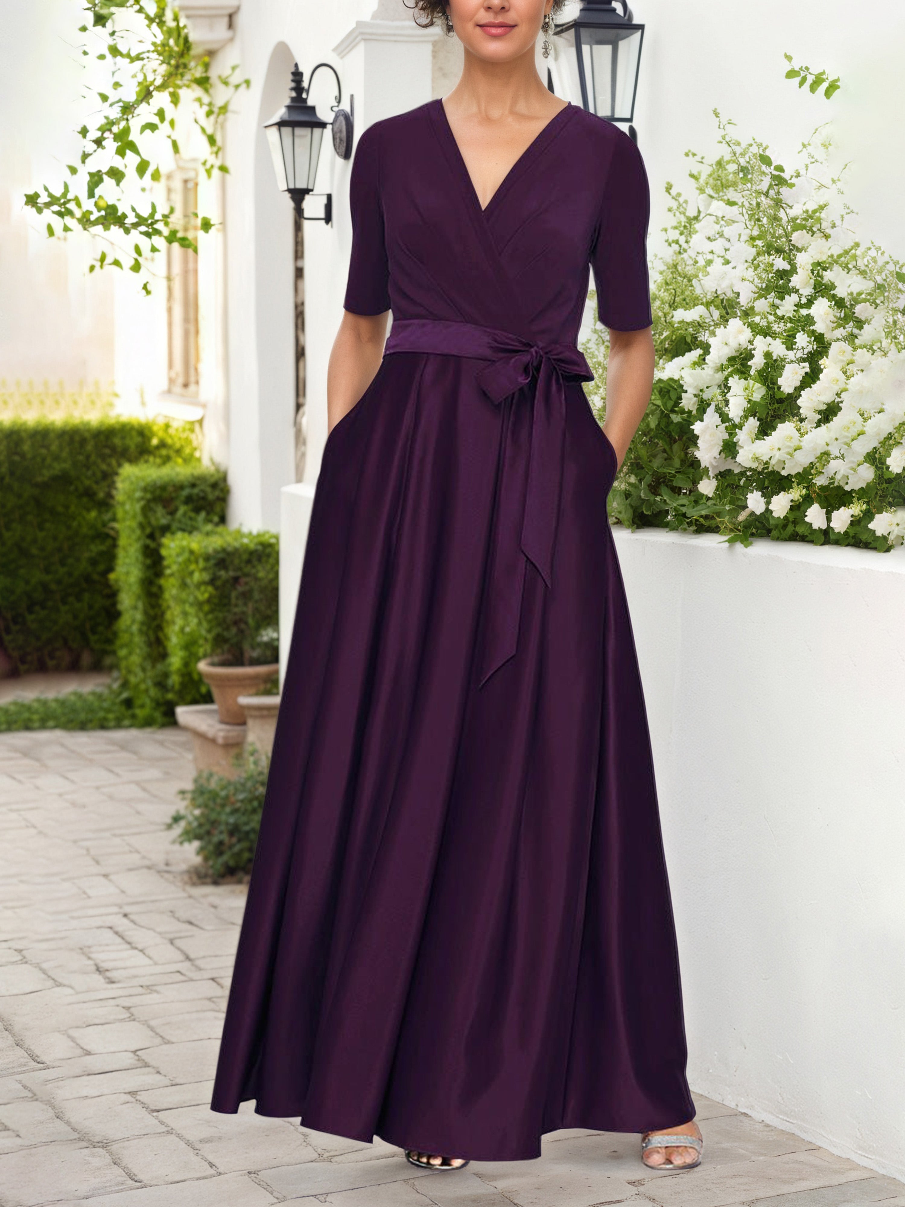 Robe Mere dela Mariee Aubergine Col V Robe Demi-Manche Avec Ceinture