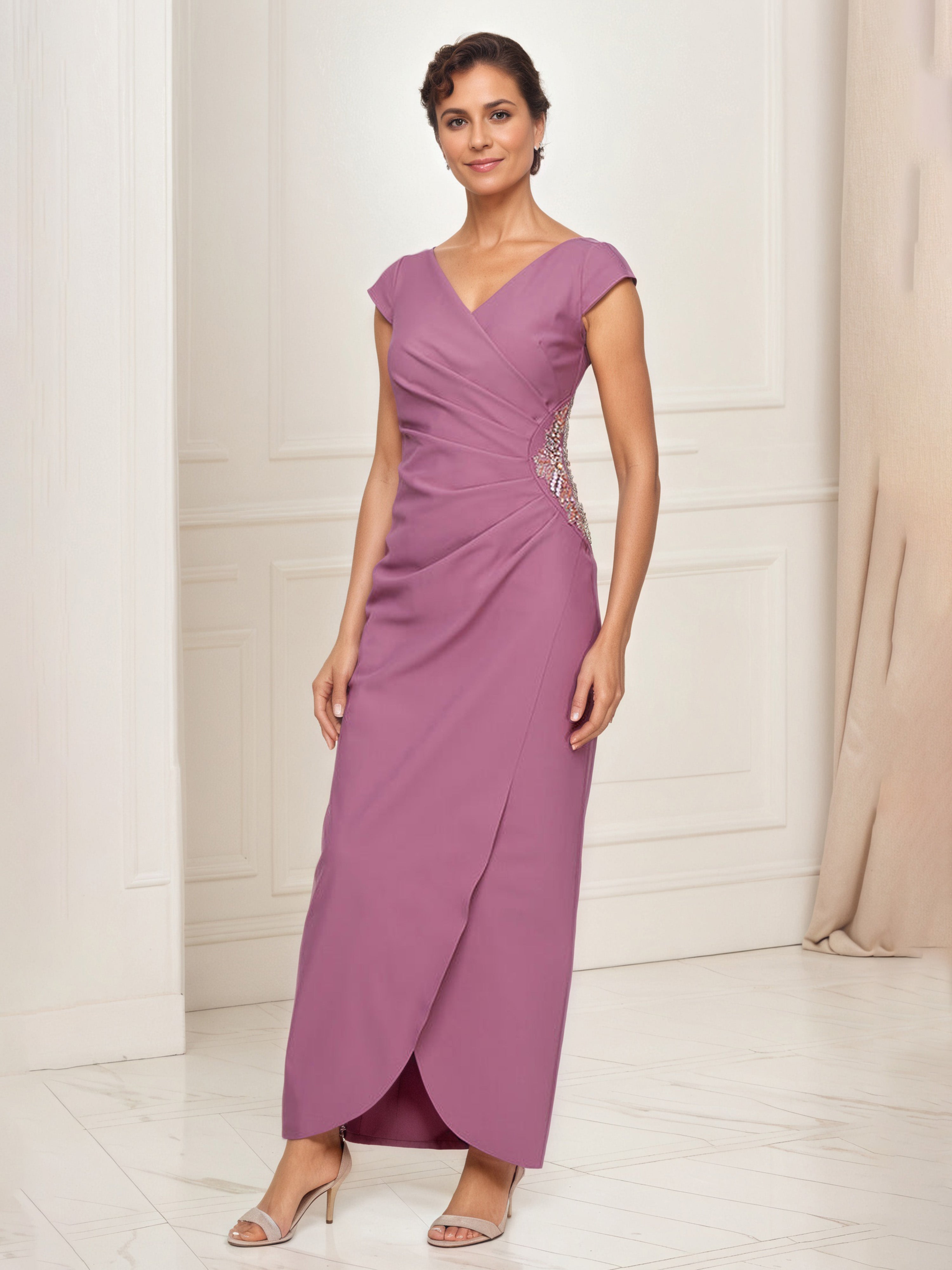 Robe Mère de la Mariée Dark_Mauve Robe Longue Trompette/Sirène Col V Manchette
