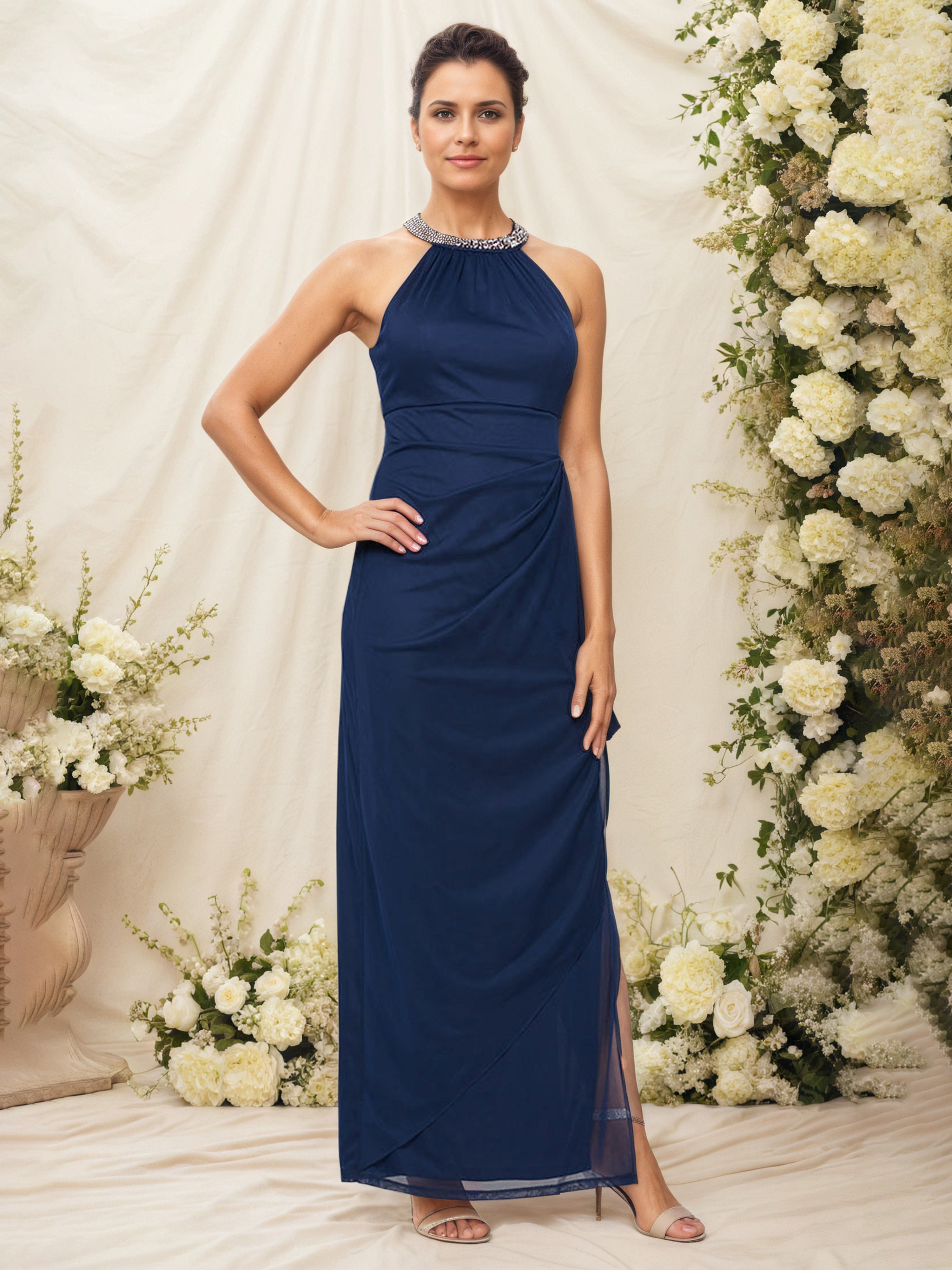 Robe Cérémonie Mariage Mère Du Marié BLEU_MARINE Licou Robe Fourreau/Colonne