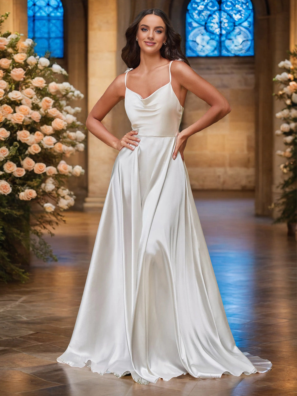 Bretelle Spaghetti Sans Manche Satin Doux Robe de Mariage avec la Traîne de Balayage / Pinceau