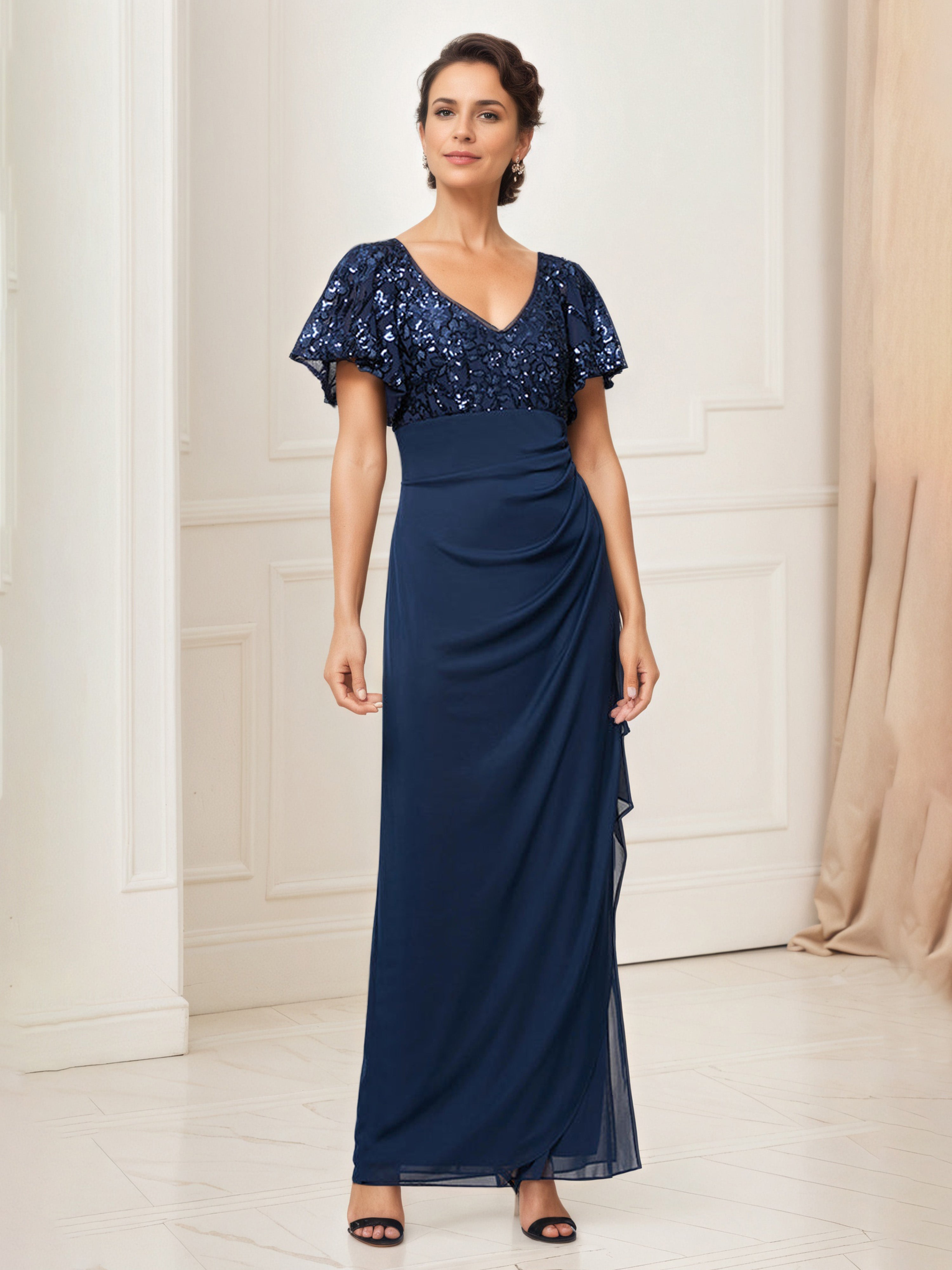 Robe Mere dela Mariee BLEU_MARINE Robe Mousseline Taille Empire Avec Paillettes Manches à Volants