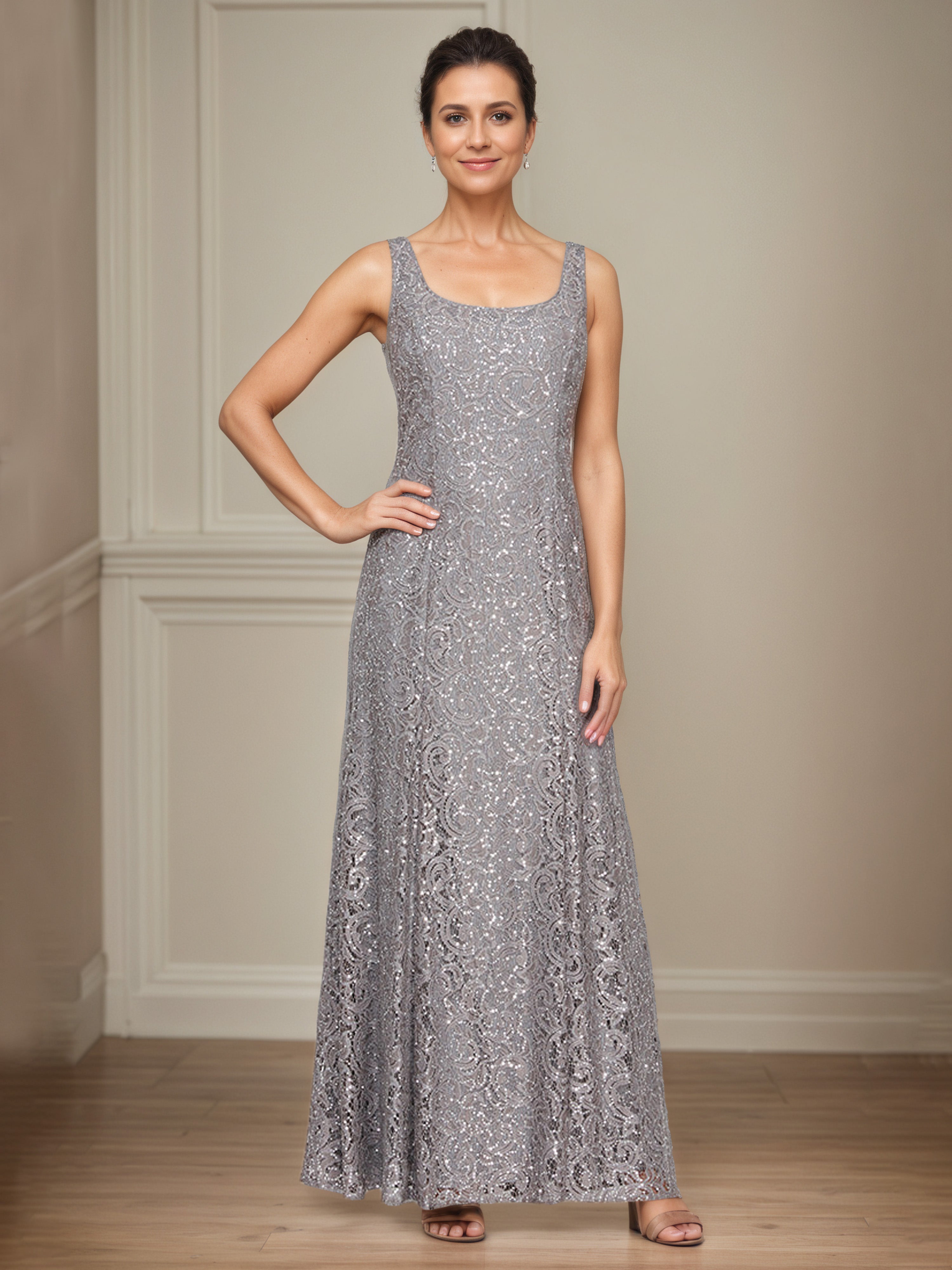 Robe Mère de la Mariée GRIS_ACIER Robe Trapèze en Dentelle à Paillettes Avec Veste Illusion à Manches 3/4