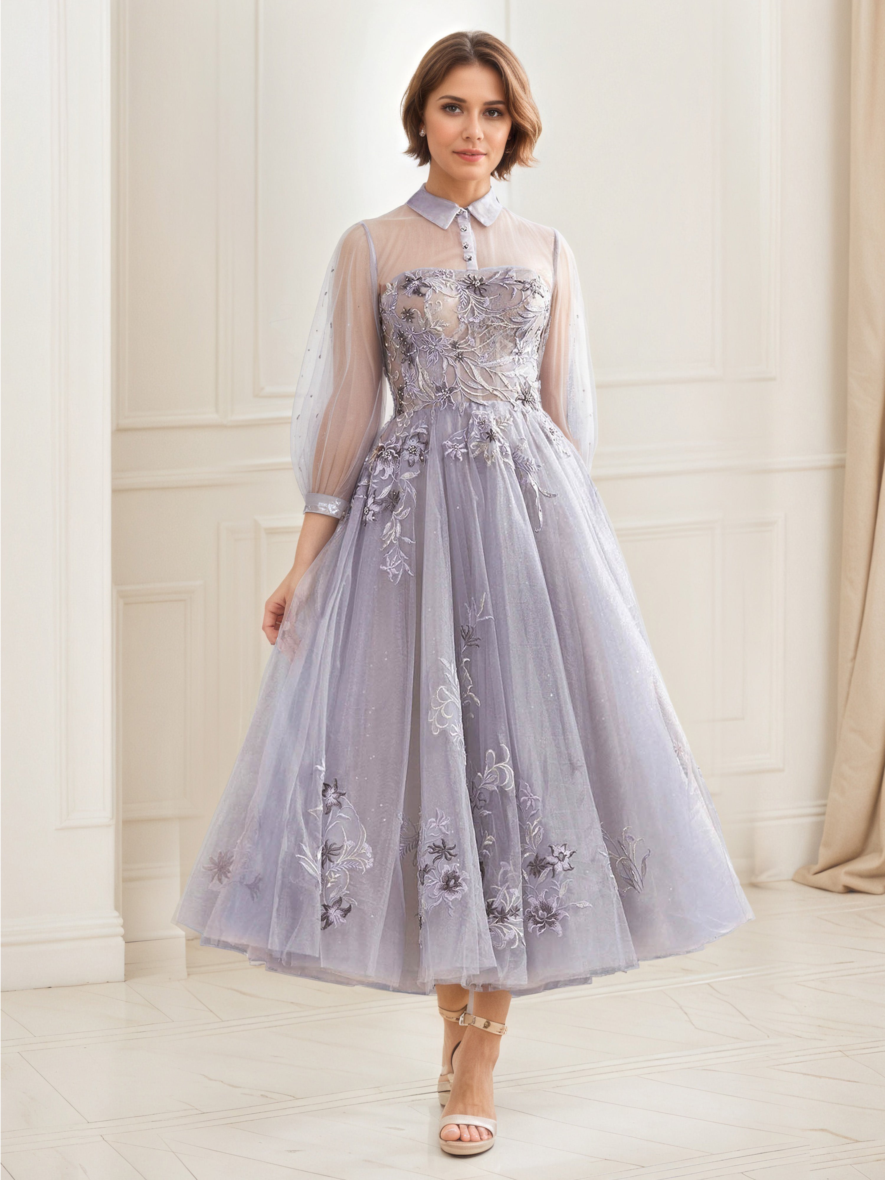 Robe de Soirée Classique CREPUSCULE Col Chemise Robe en dentelle brodée Trapèze à Manches Longues